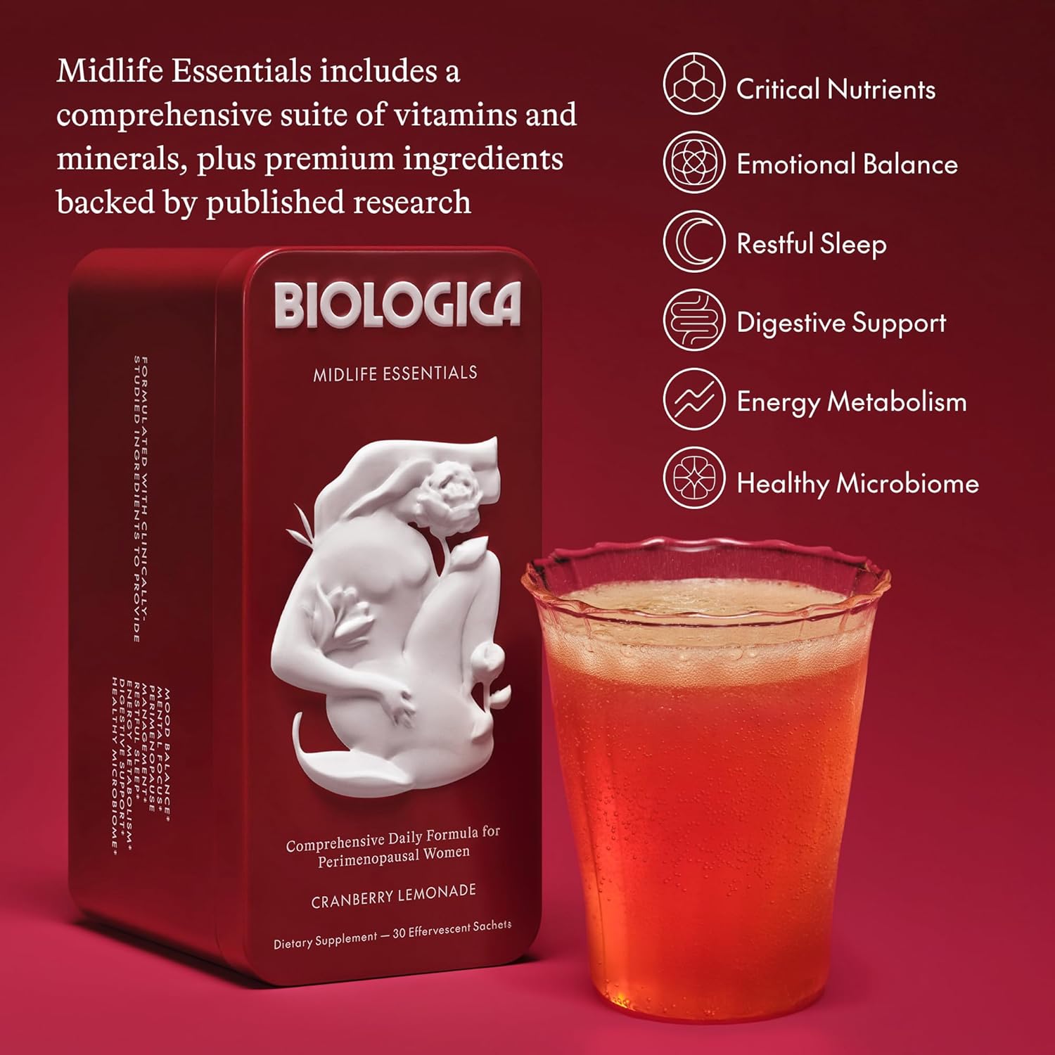 Midlife Essentials Powder – Women’s Multivitamin for Ages 40‑55, Perimenopause Support, Calm Mood, Sleep & Focus, Probiotics + Electrolytes Drink Mix, Cranberry Lemonade (30 Servings) - Image 2