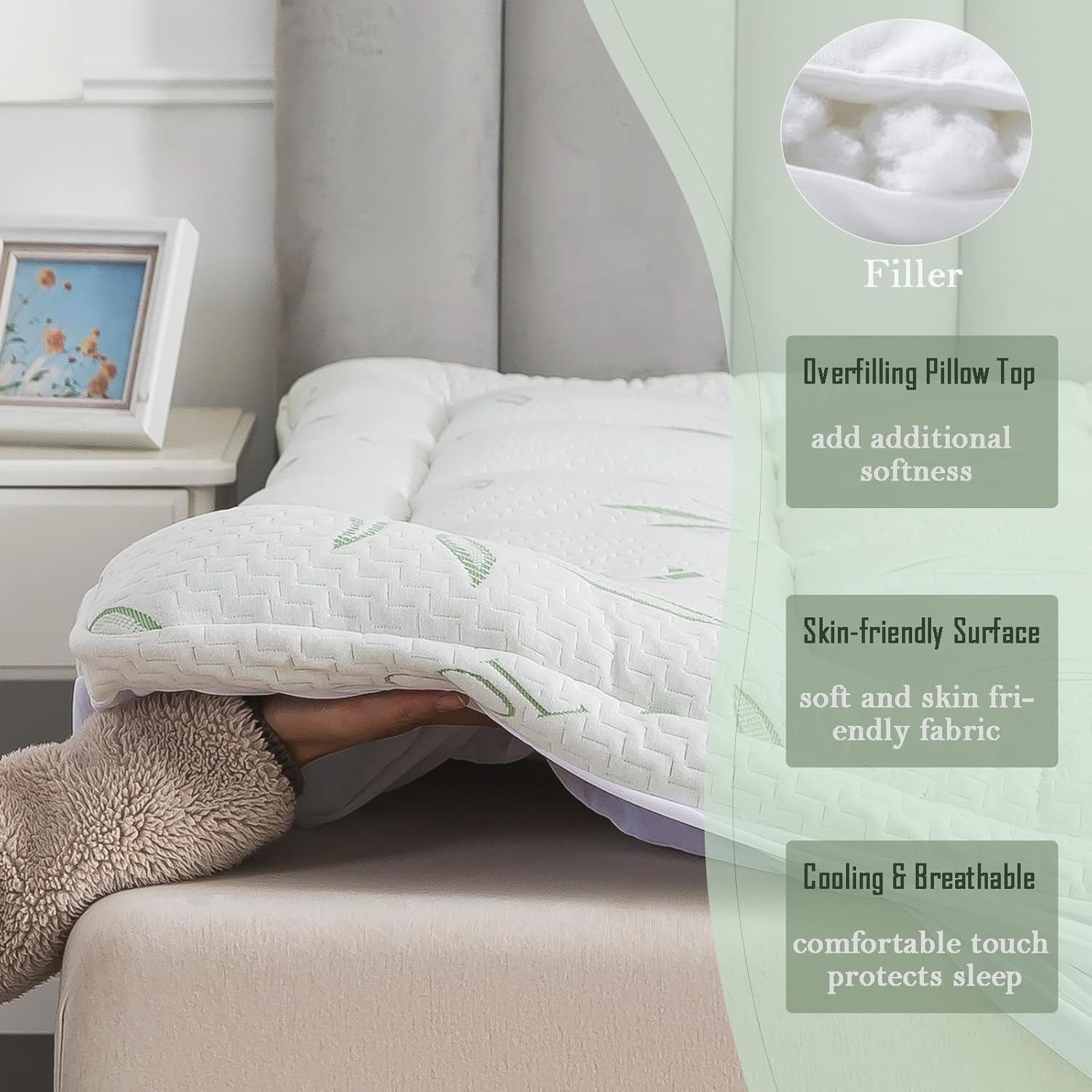 WhatsBedding Queen Mattress Topper, Soft Pillow Top Mattress Topper with Deep Pocket Fits 8–21 Inch,7D Spiral Fiber Filling, Bamboo Viscose Air Layer Mattress Topper Queen. - Image 5