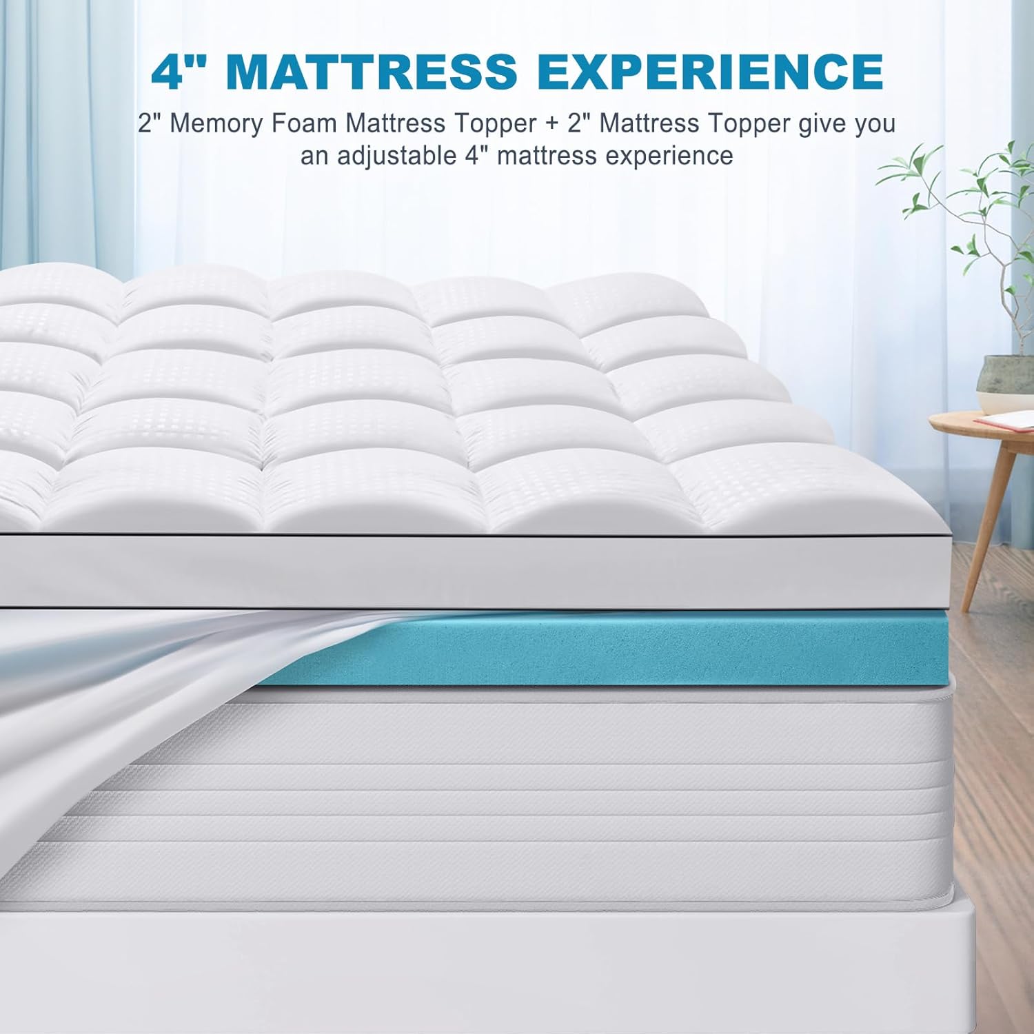 MASVIS Queen Size Dual Layer 4 Inch Memory Foam Mattress Topper, 2 Inch Cooling Gel Memory Foam and 2 Inch Pillow Top Mattress Pad Cover for Back Pain, Medium Support - Image 6