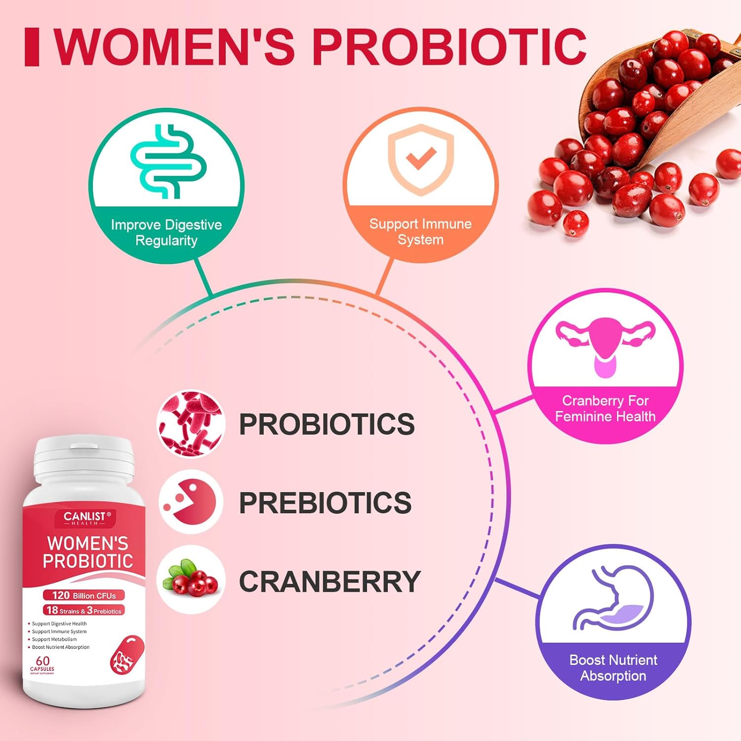 CANLIST Women's Probiotics 120 Billion CFUs 18 Strains 3 Prebiotics & Digestive Enzymes Contains Organic Prebiotic Cranberry Women's Health Digestive & Immune Support Non-GMO, 60 Capsules - Image 4
