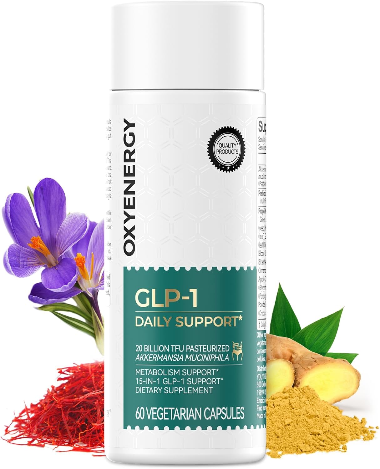 OxyEnergy GLP-1 Supplement Weight Loss Pills for Women & Men, Appetite Suppressant with Akkermansia Probiotic, Diet Pills Metabolism & Gut Health Booster, Ginger & Saffron Extracts, Vegan Capsules