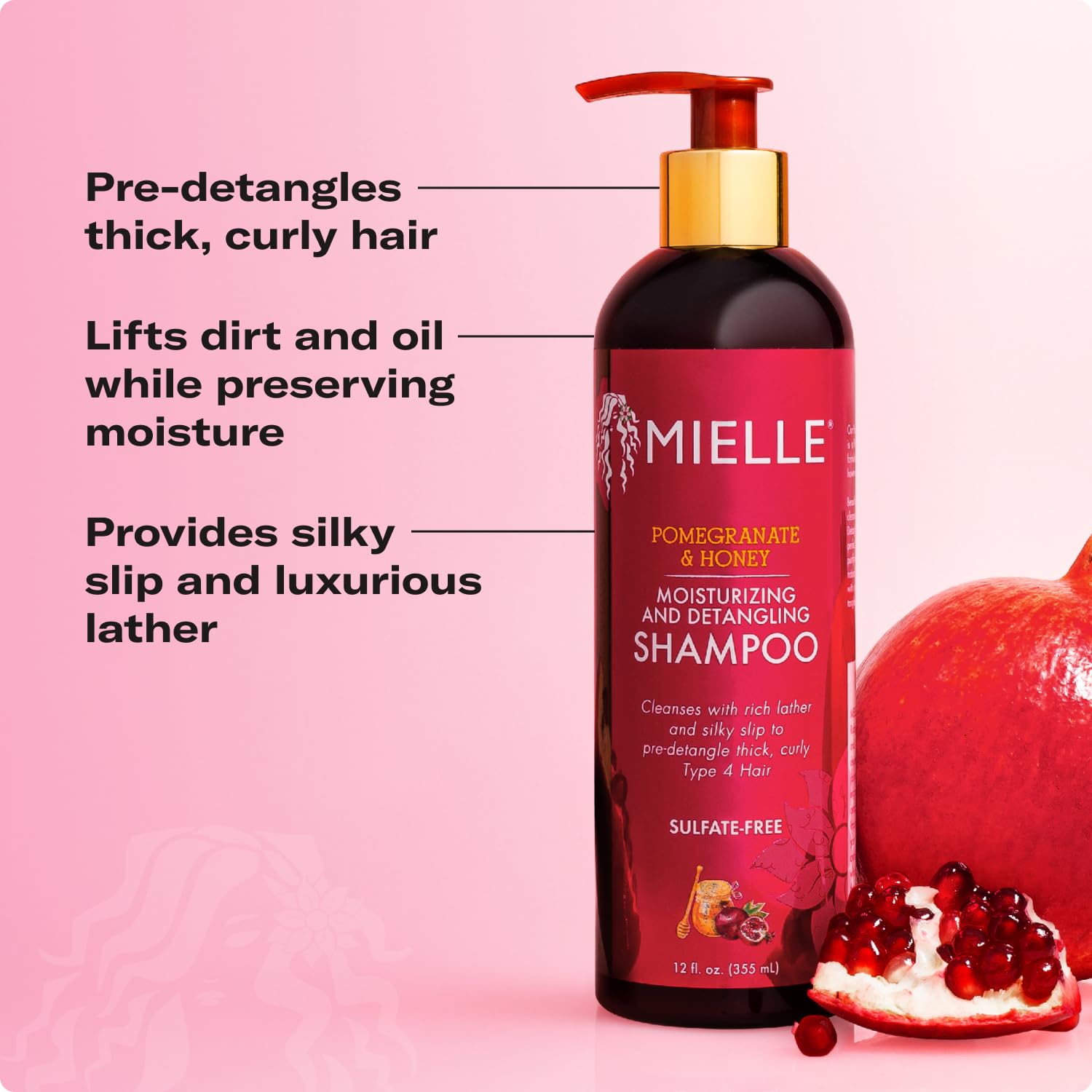 Mielle Organics Pomegranate & Honey Detangling & Moisturizing Shampoo - Curly Hair Shampoo for Women - Enriched with Honey & Babassu Oil to Lift Dirt, Loosen Tangles & Retain Moisture (12 Fl Oz) - Image 4