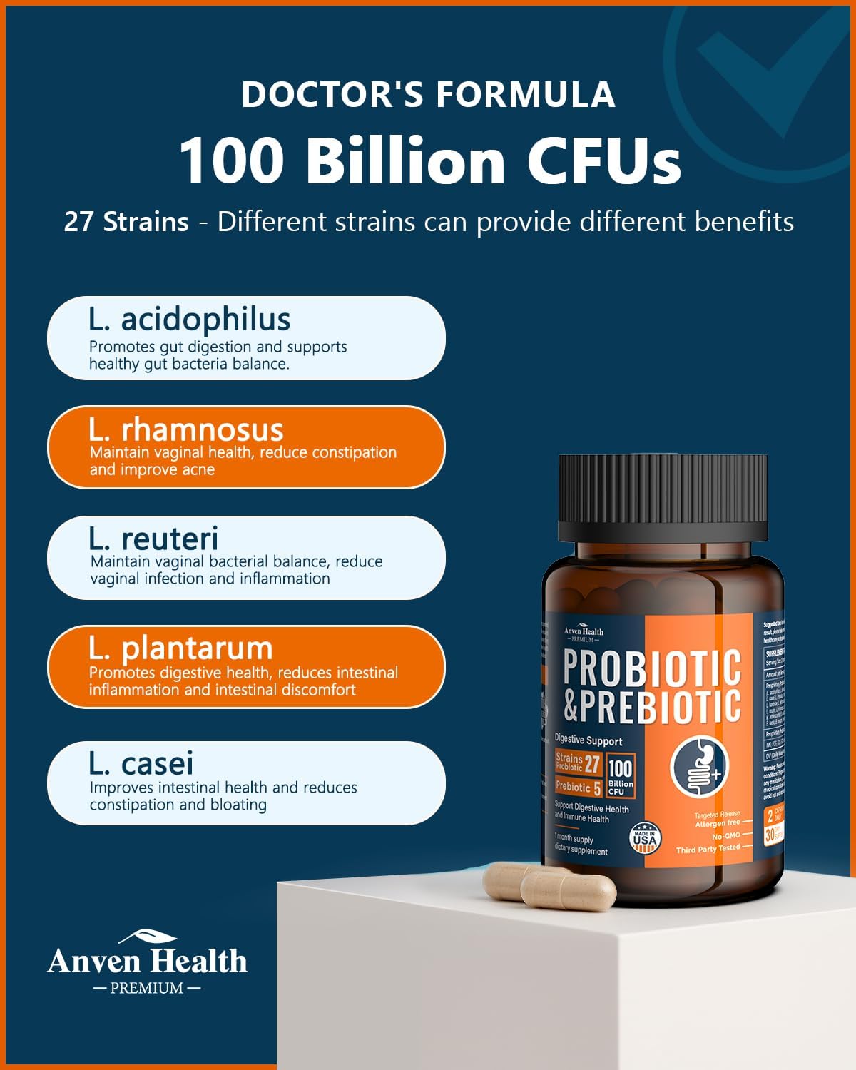 100 Billion Probiotics for Men and Women 27 Strains 5 Organic Prebiotics for Gut Digestive & Immune Health, Supports Diarrhea Gas Bloating, Non-GMO, Zero Fillers – Made in USA丨60 Caps - Image 4