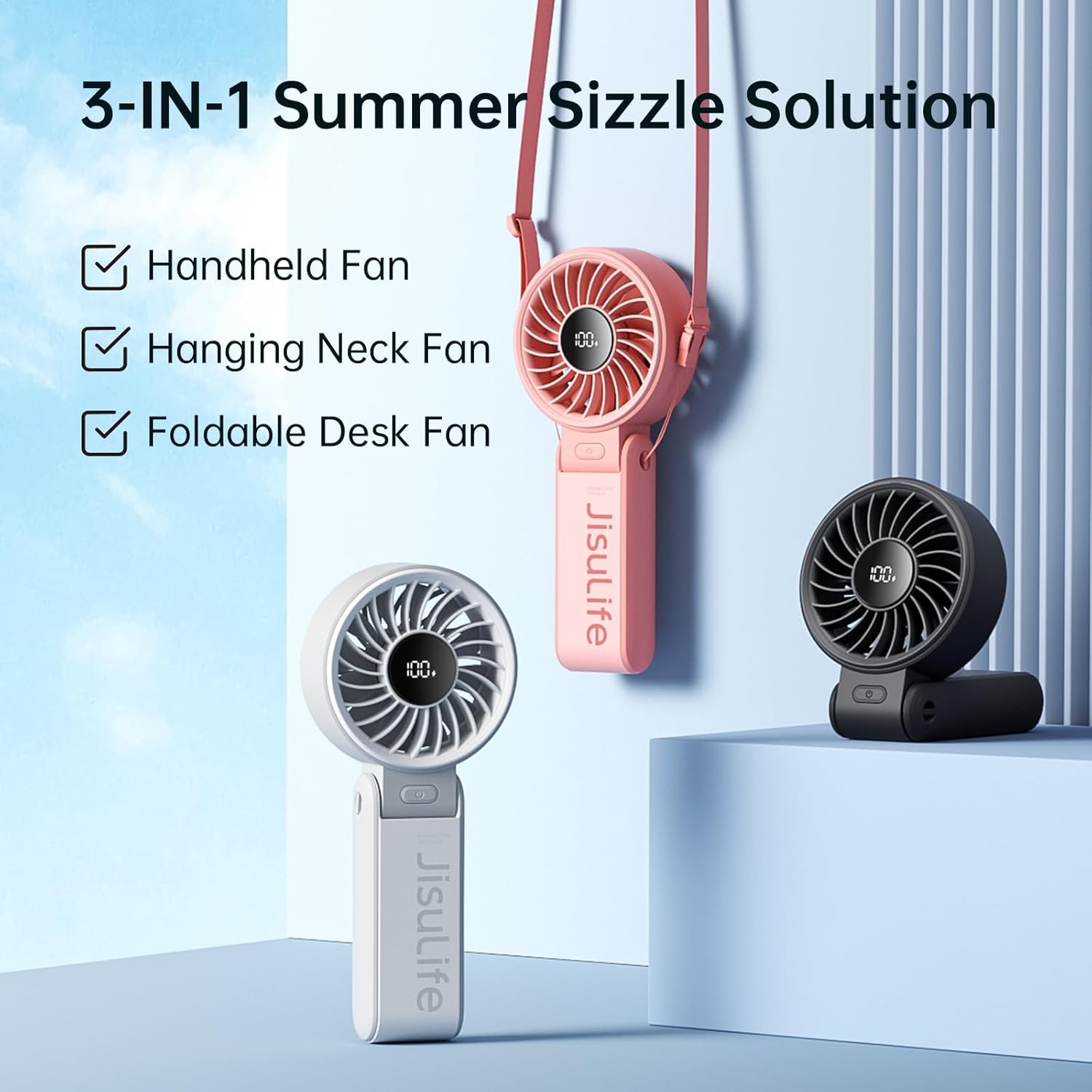 JISULIFE Handheld Fan Life7 – Ultimate Flexibility: Wide & Strong Airflow, 19.5H Max Cooling, 5000mAh Rechargeable, 5-Speed, LED Display, 3 IN 1 Portable Fan for Travel, Concerts, Sports Events(Black) - Image 7