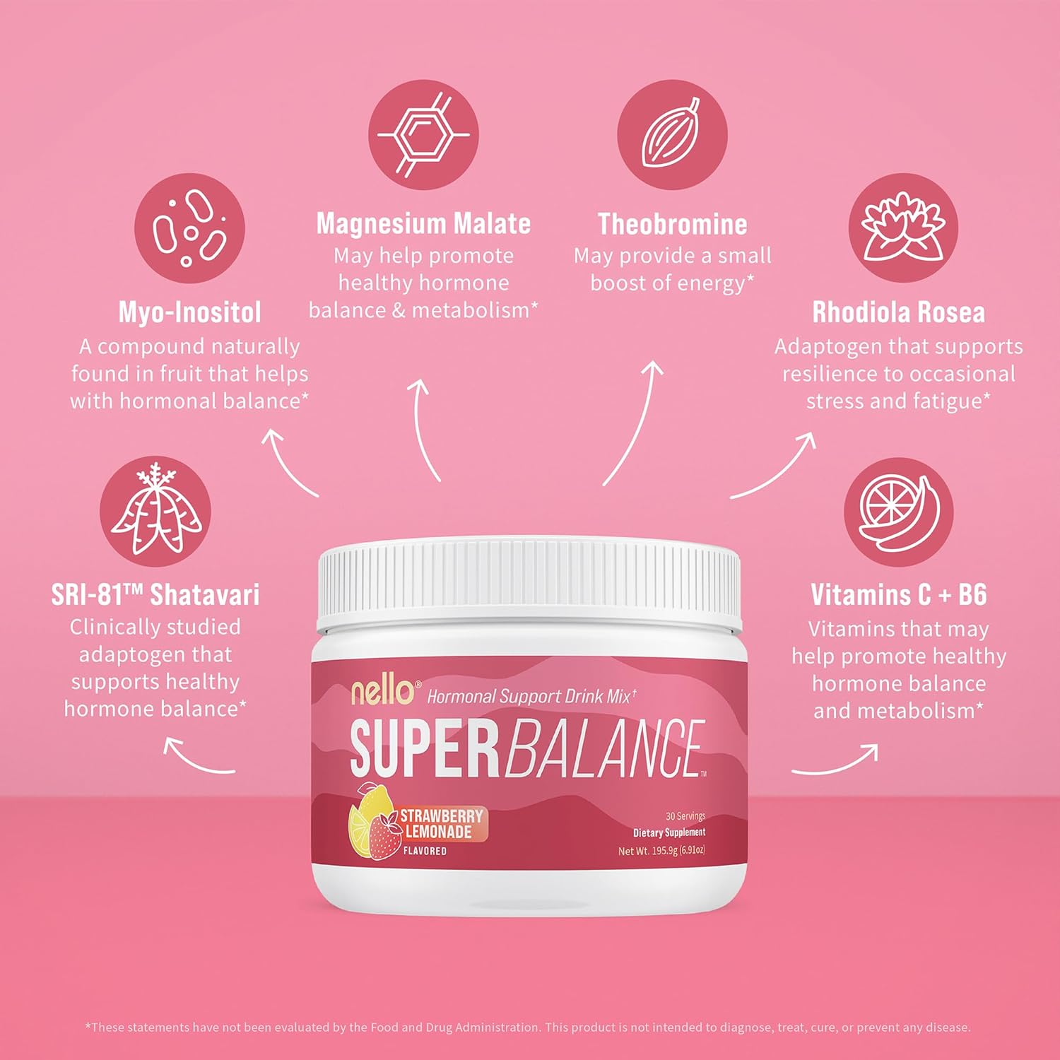 Nello Superbalance Hormonal Support Drink Mix, SRI-81 Shatavari, Myo-Inositol, Rhodiola Rosea, Vitamin C, Magnesium, Theobromine (30 Servings, Strawberry Lemonade) - Image 4