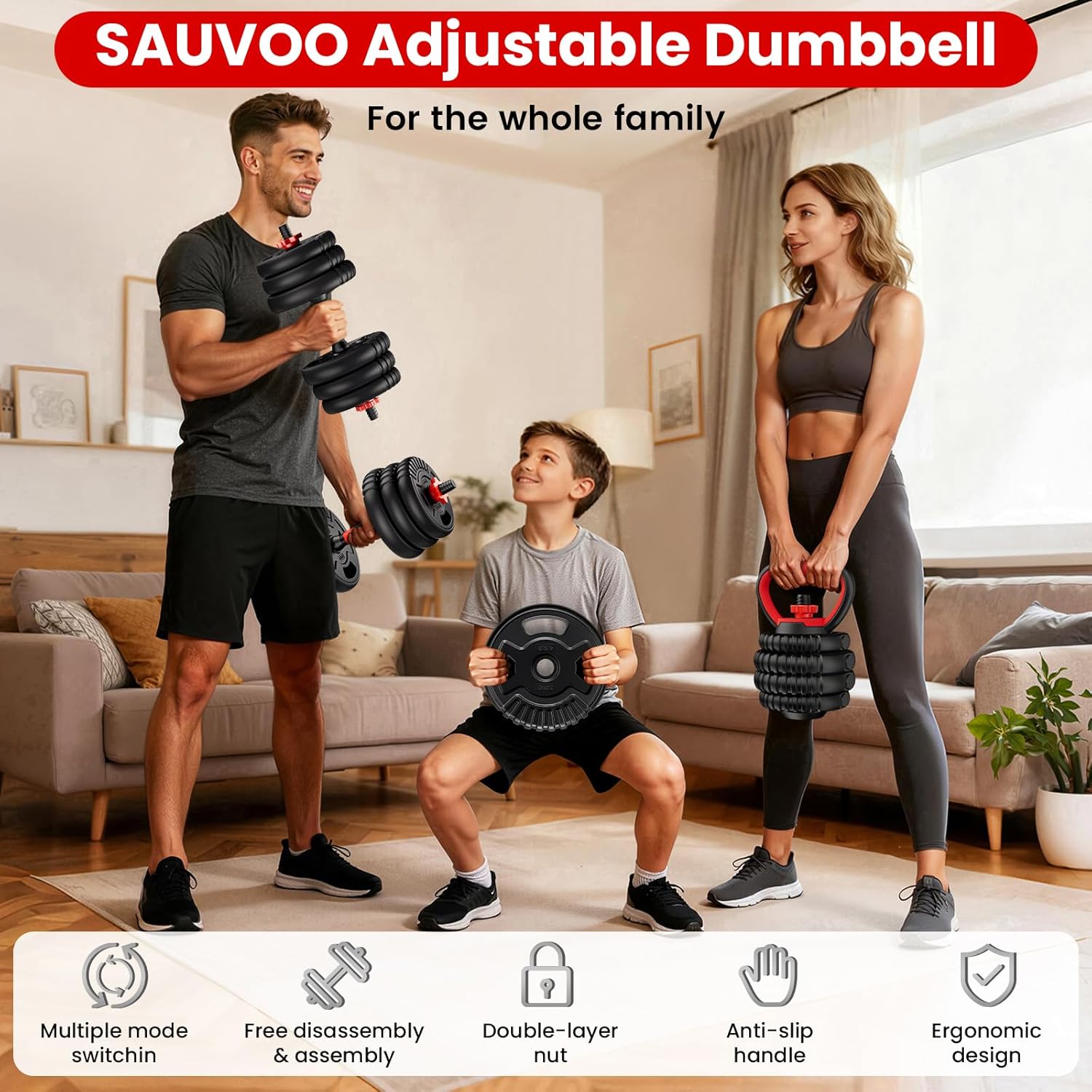 Adjustable Dumbbell Set, 22/33/45/70/90lbs Free Weight Set with Connector, 5-in-1 Dumbbell Set for Barbells, Kettlebells, Push up Stand, Weight Plate, Fitness Exercises for Home Gym Suitable Men/Women - Image 8