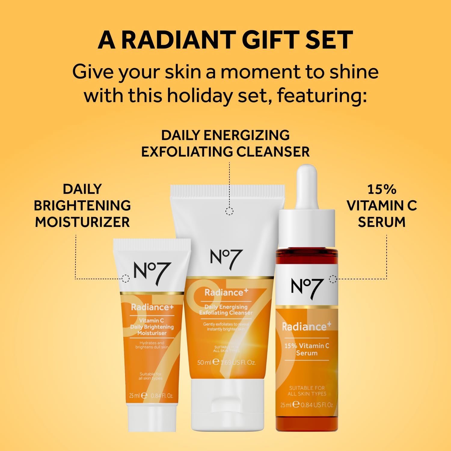 No7 Radiance Trio Gift Set - Includes Radiance+ Brightening Vitamin C Face Moisturizer, 15% Vitamin C Facial Serum, and Daily Energizing Exfoliating Face Wash (3 pieces) - Image 2