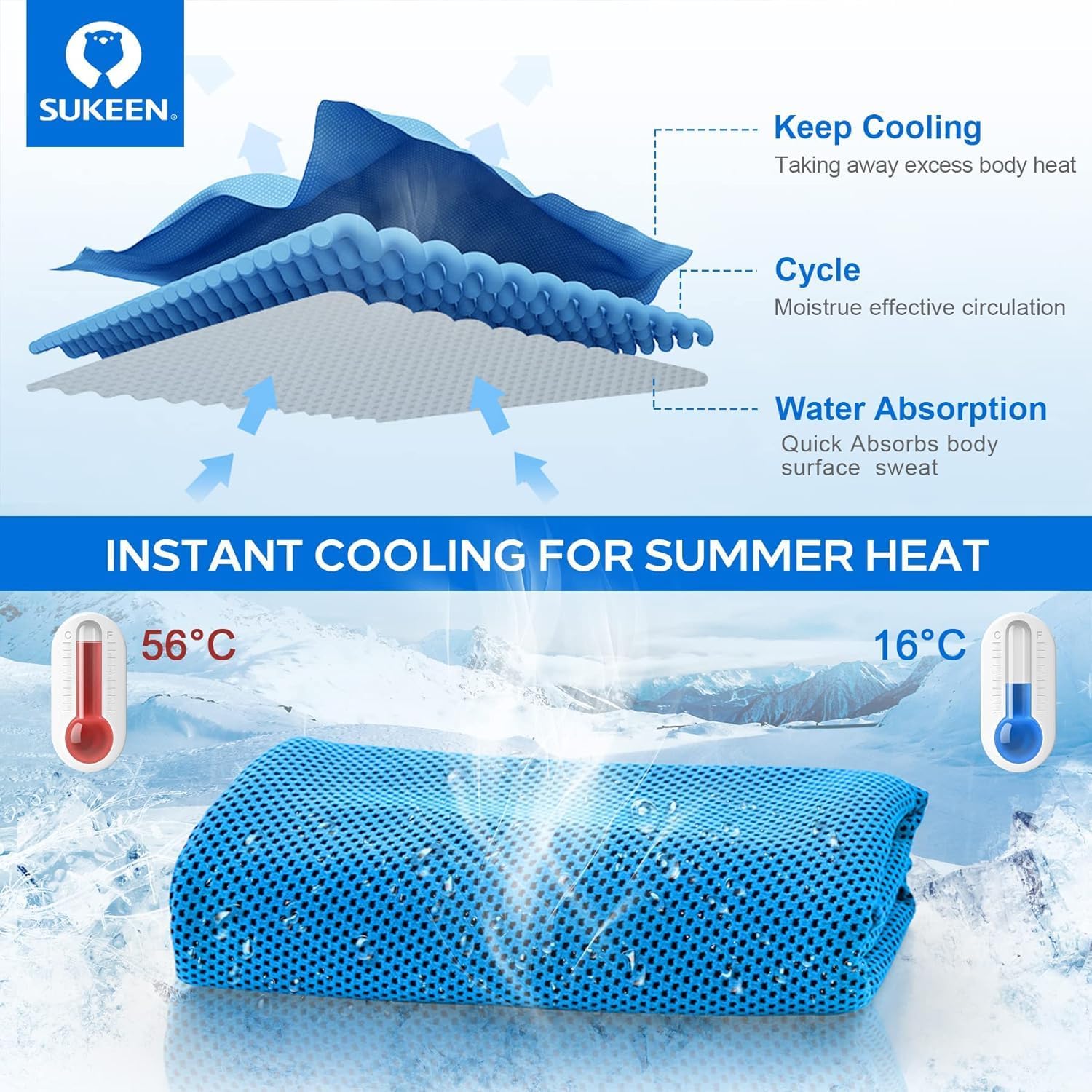 Sukeen 8 Pack Cooling Towels (40"x12"), Cooling Towels for Neck and Face, Microfiber Soft Breathable Chilly Ice Towel, Sweat Towel for Gym, Yoga, Sports, Golf, Camping, Running, Fitness, Workout - Image 2