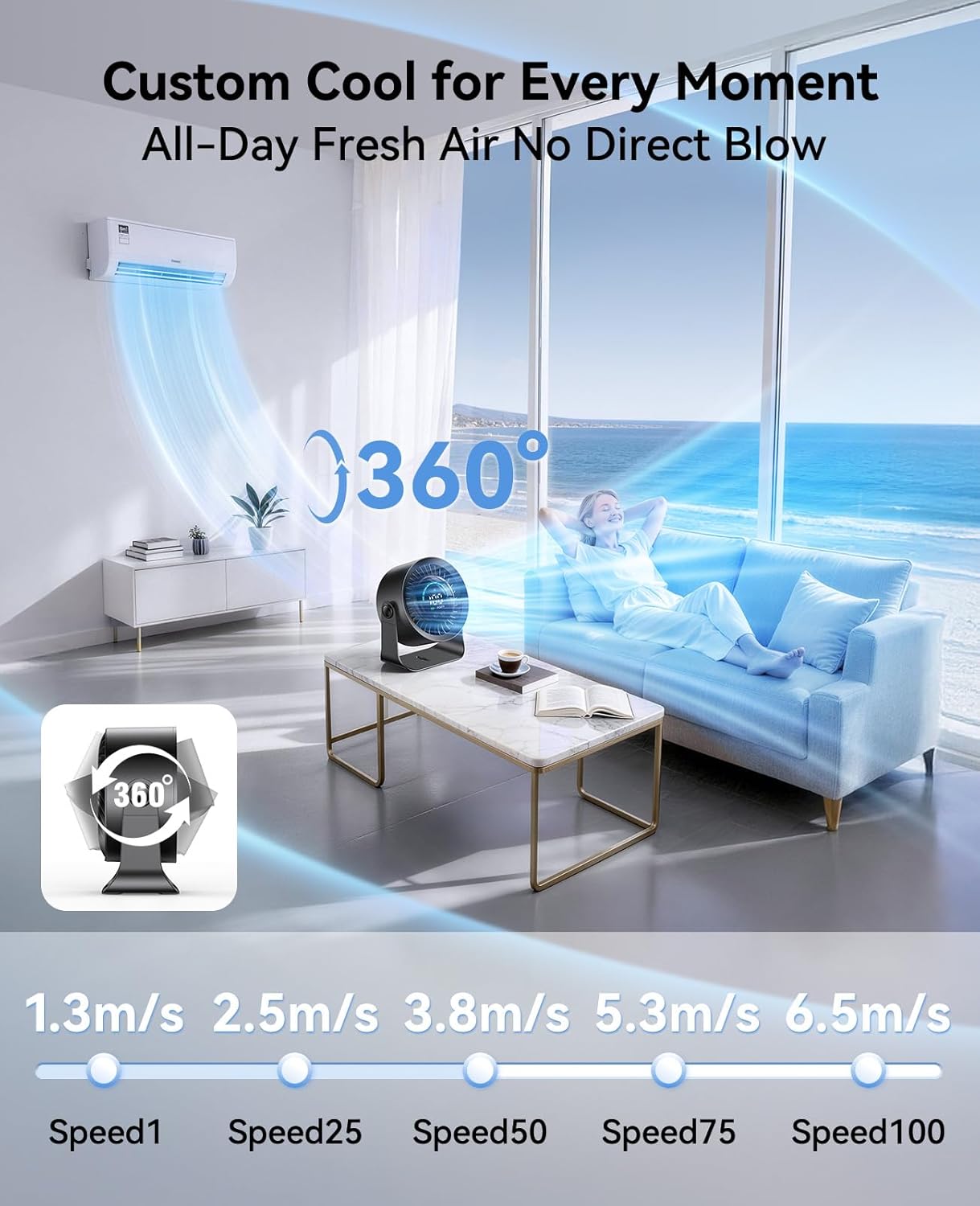 DIGIX Rechargeable USB Desk Fan for Bedroom, 100 Speeds, 360° Rotation, Wall Mounted Design Small Portable Table Fan with LED Display, Quiet Personal Desktop Cooling Fans for Home Office (Black) - Image 4