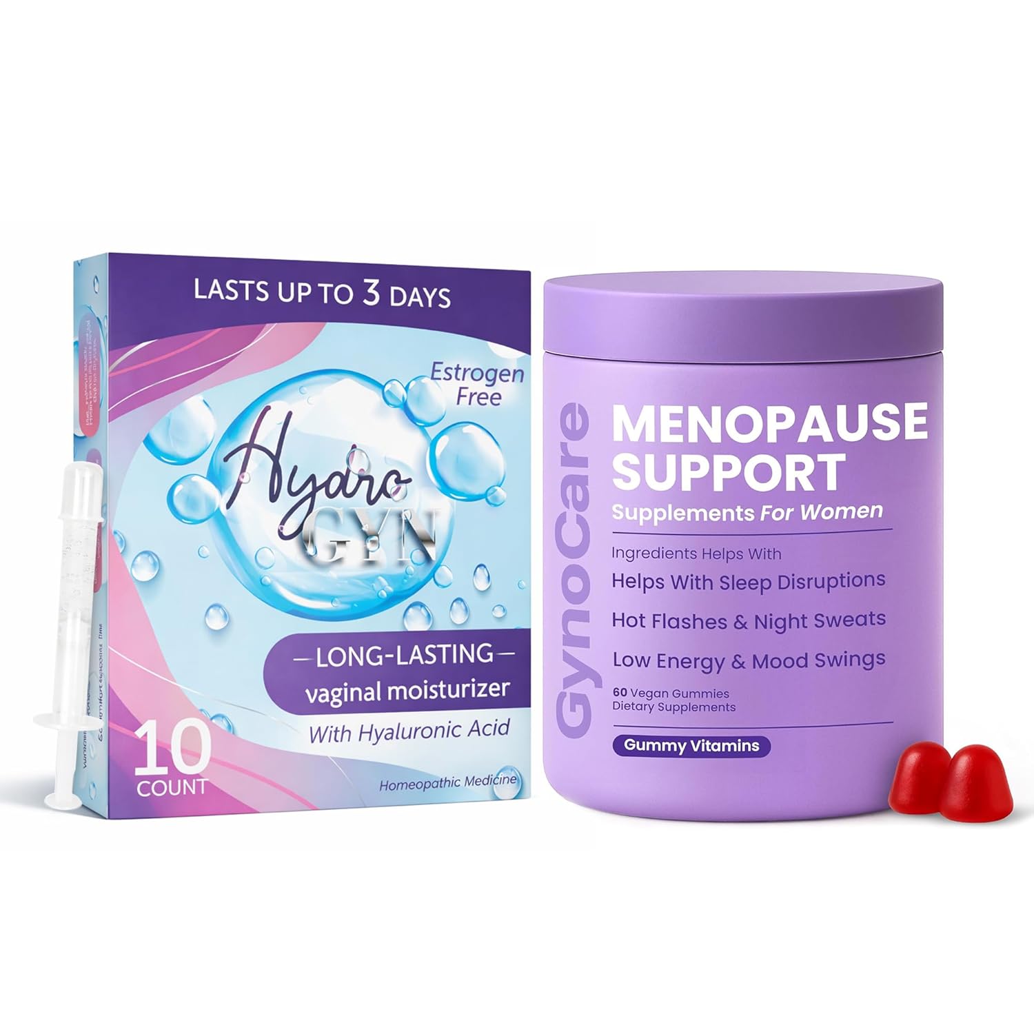 Hydro GYN Vaginal Moisturizer & Menopause Support Bundle | Long-Lasting Relief for Vaginal Dryness & Irritation | Menopause Gummy Vitamins for Hot Flashes, Mood & Sleep | 10 Pre-Filled Applicators & 6