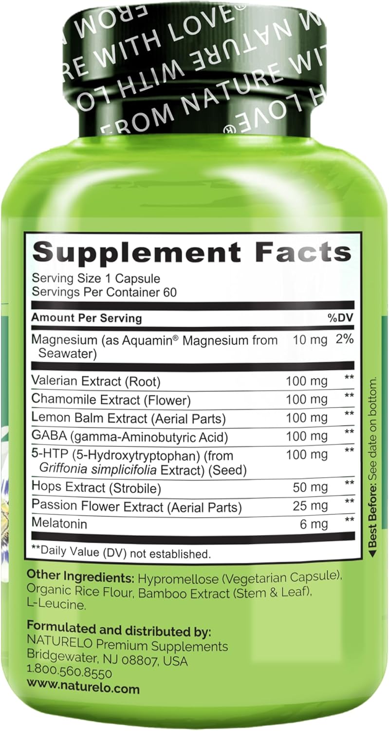 NATURELO Sleep Aid - with Melatonin, Magnesium, GABA, Valerian Root, Lemon Balm, Chamomile Herbal Extracts - Plant-Based Sleeping Aid - 60 Vegan Capsules - Image 5