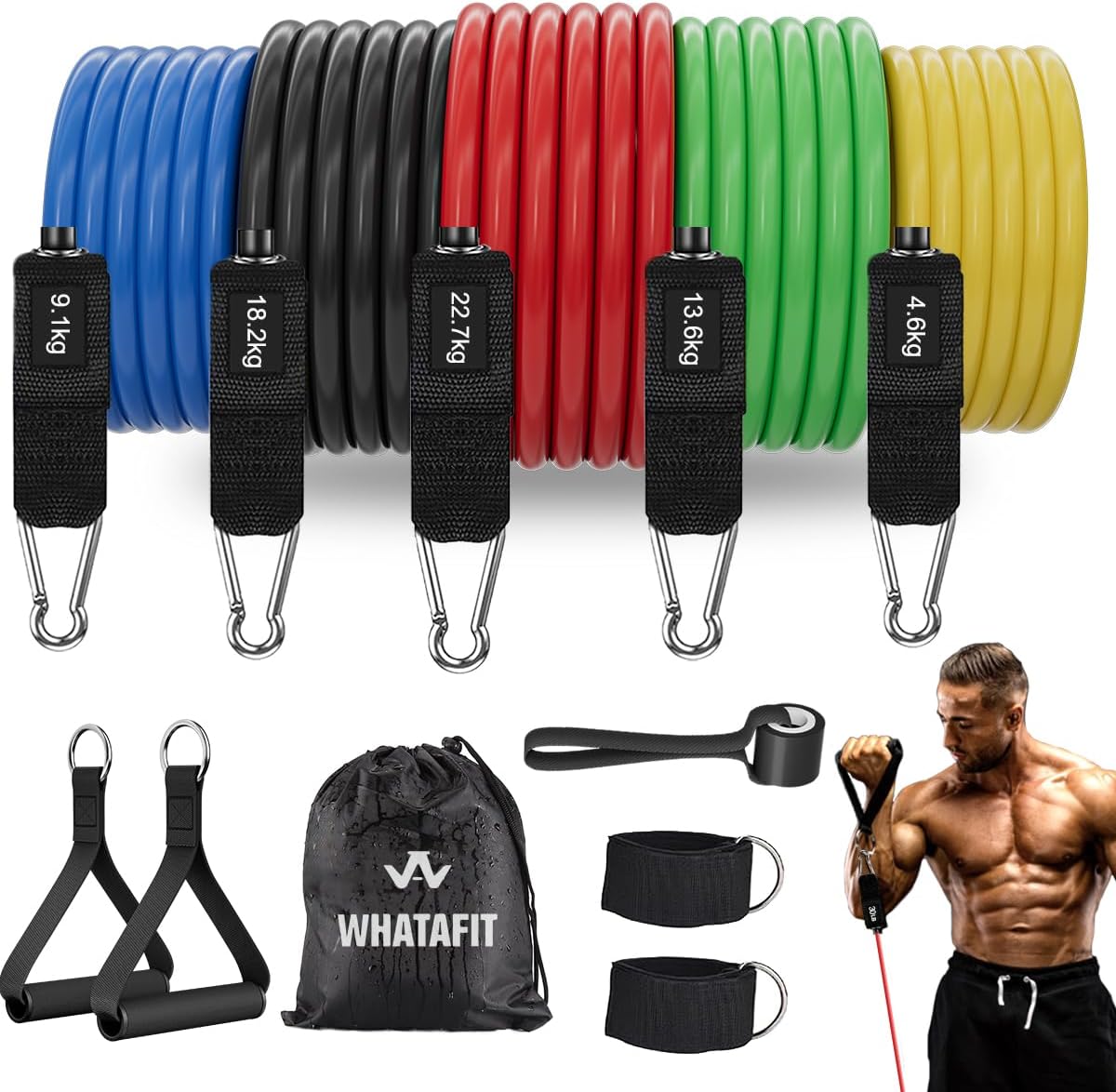 WHATAFIT Resistance Bands, Exercise Bands, Workout Bands with Handles, Door Anchor and Ankle Straps, 5 Resistance Levels Fitness Bands for Strength Training, Physical Therapy, and Home Gym Equipment