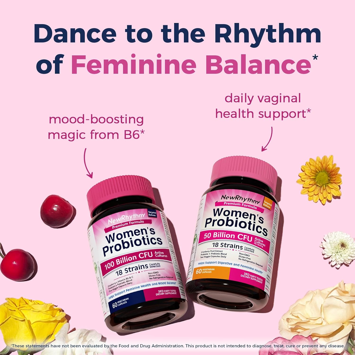 NewRhythm Probiotics for Women, P-5-P, Vitamin C & Organic Cranberry, 100 Billion CFU 18 Strains, Prebiotics & Vaginal Probiotics for Digestive Health & PH Balance, 60 Capsules, No Dairy - Image 6