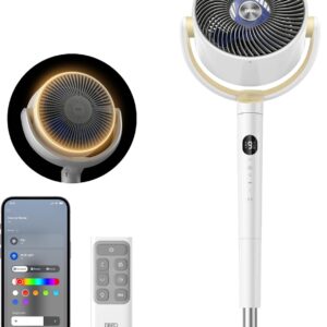 DREO Smart Fan for Bedroom, 120° +120° Omni-Directional Oscillating Fans, 100ft Quiet Pedestal Fan with RGB Light, 9 Speeds, 6 Modes, 20dB, 8H Timer, Wi-Fi/Voice/Alexa, 35-40" Floor Fans with Remote