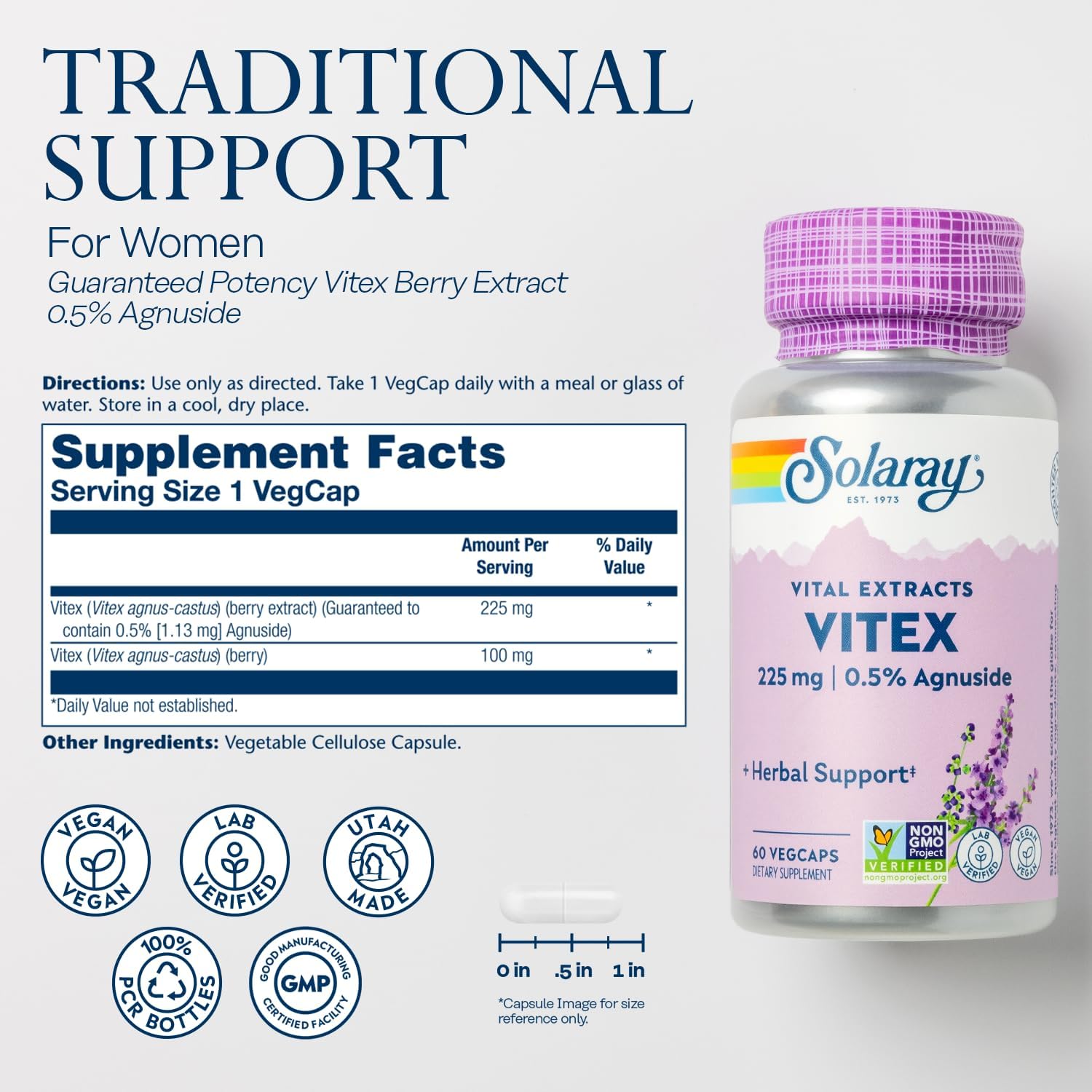 SOLARAY Vitex Berry Extract 225 mg - Chasteberry Supplement for Women - Traditional Hormone Balance Support - Chaste Tree Berry - Vegan, Lab Verified - 60 Servings, 60 VegCaps - Image 2