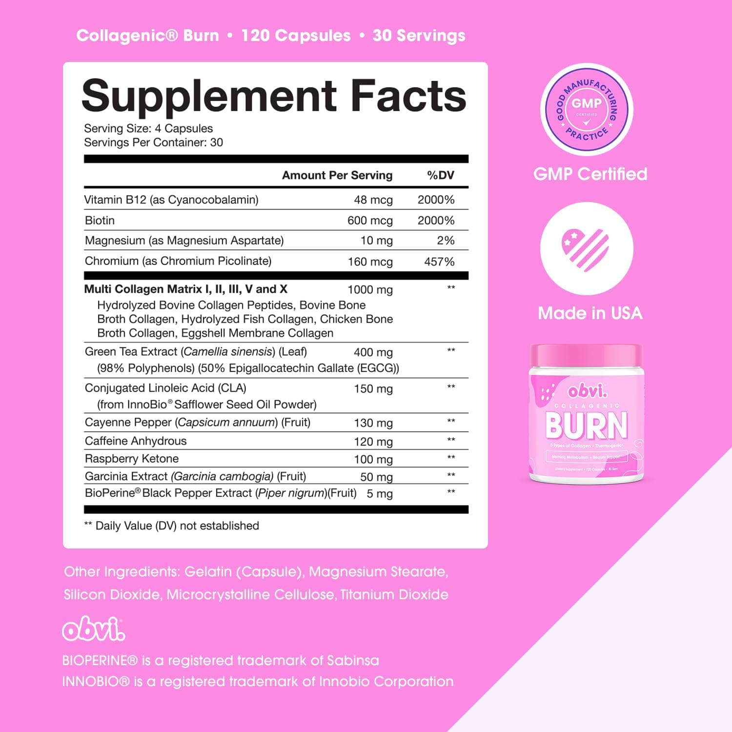 Obvi Collagenic Burn | Hydrolyzed Collagen Peptides + Green Tea Extract Supplement | Supports Metabolism & Daily Wellness | with Biotin, B12 & BioPerine | 30 Servings | 120 Capsules - Image 6