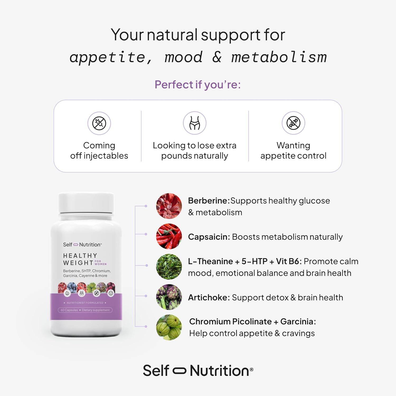 SELF NUTRITION Healthy Weight Loss Supplement for Women - Third-Party Tested - Appetite and Craving Control, Fat Burner, Weight Loss Supplement, Metabolism and Mood Booster - Made in USA, 60 Capsules - Image 3
