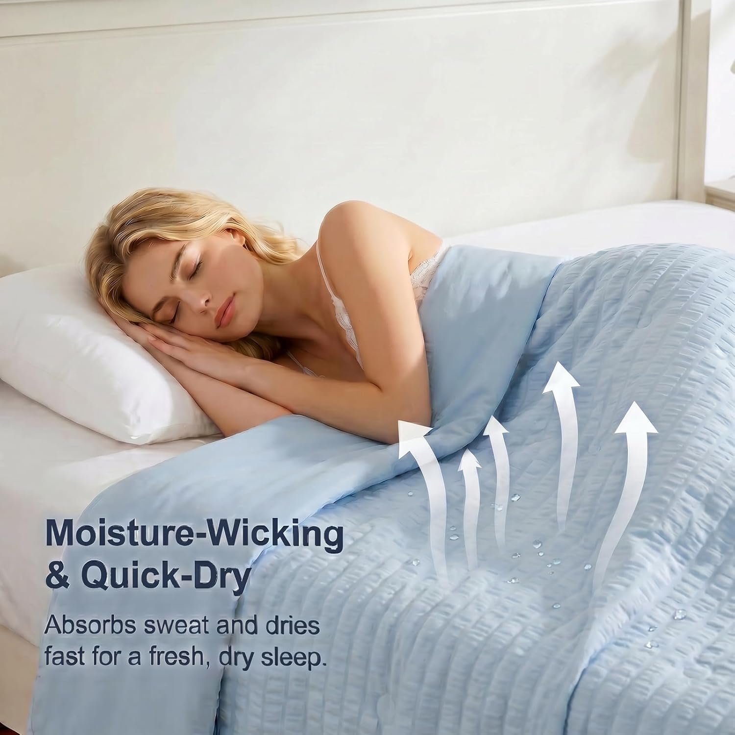 Cooling Comforter King Size 104"x90", Seersucker Reversible Lightweight Summer Comforter, Q-Max>0.4 Breathable Cooling Blanket for Hot Sleepers Night Sweats & Menopause, All Season Bedding, Blue - Image 2