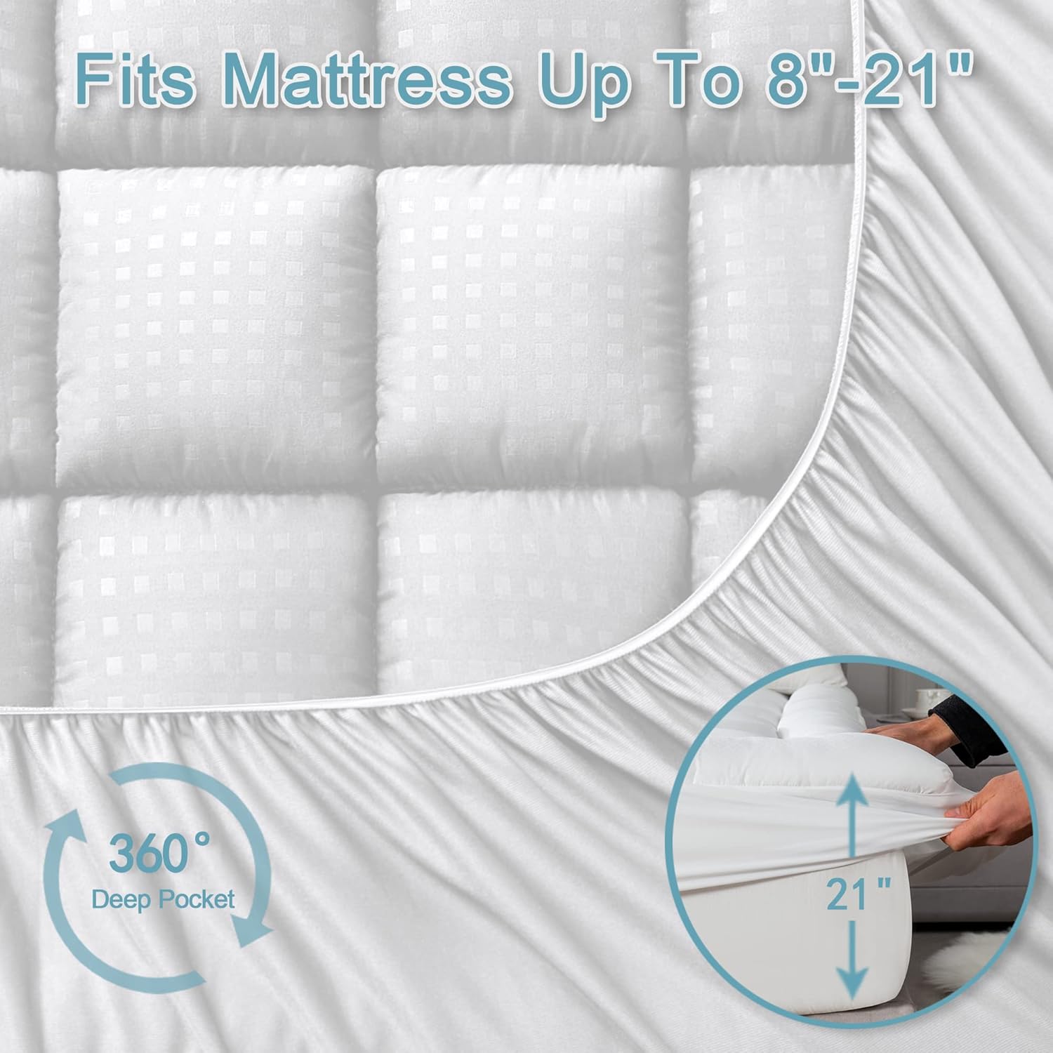 HYLEORY Queen Mattress Pad Quilted Fitted Mattress Protector Cooling Pillow Top Mattress Cover Breathable Fluffy Soft Mattress Topper with 8-21" Deep Pocket - Image 5