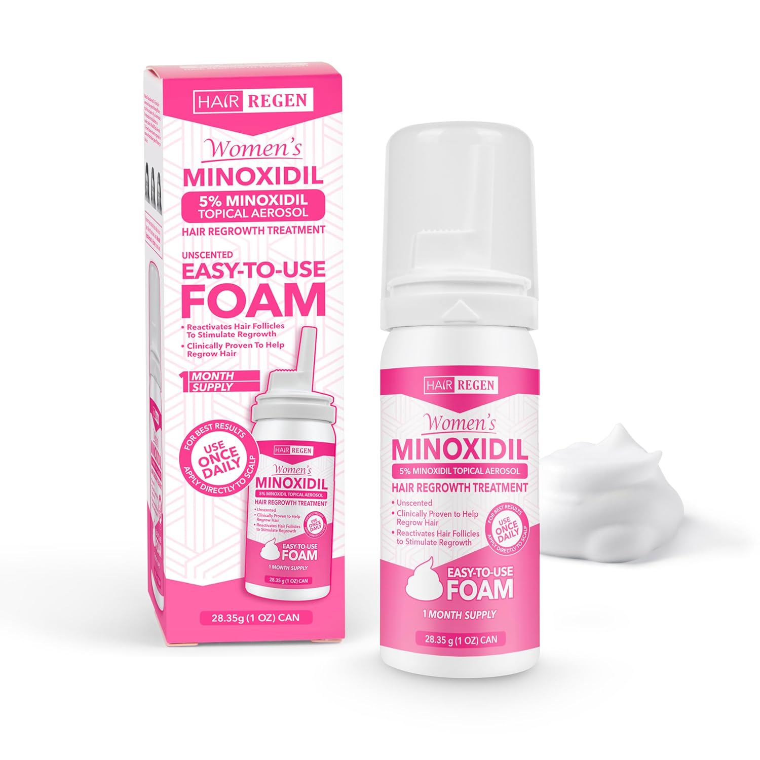 Hair Regen Minoxidil Foam for Women 5% Percent - Women's Hair Growth Treatment for Her - Topical Foaming Minoxidil for Women - Great for Hair Regrowth and Reduce Hair Loss - 1 Pack as 1 Month Supply