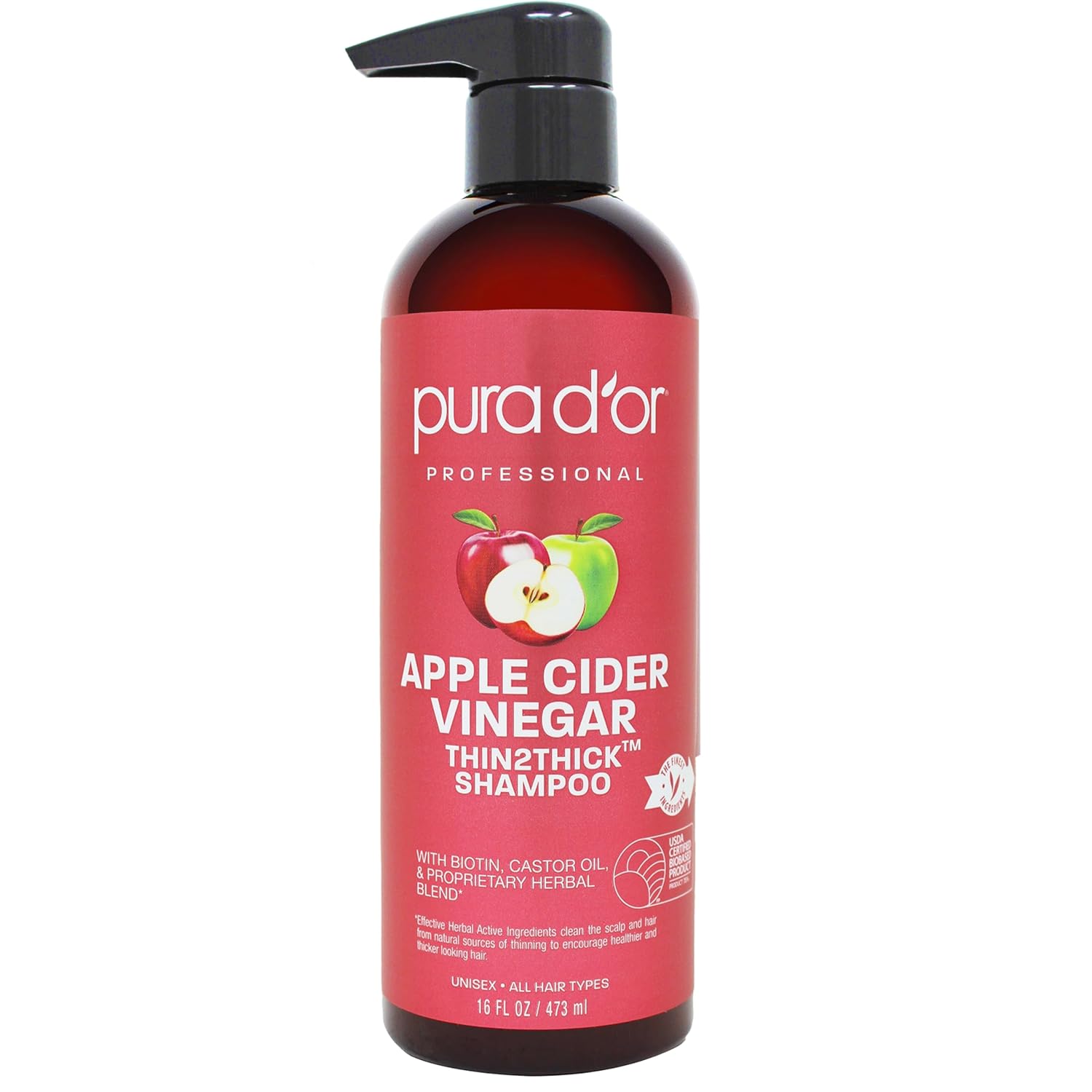 PURA D'OR Apple Cider Vinegar Thin2Thick Shampoo - Biotin, Castor Oil for Reduced Frizz, Split Ends, Clarifying & Detox, No Parabens, No Sulfates, All Hair Types, Men & Women 16 Fl Oz