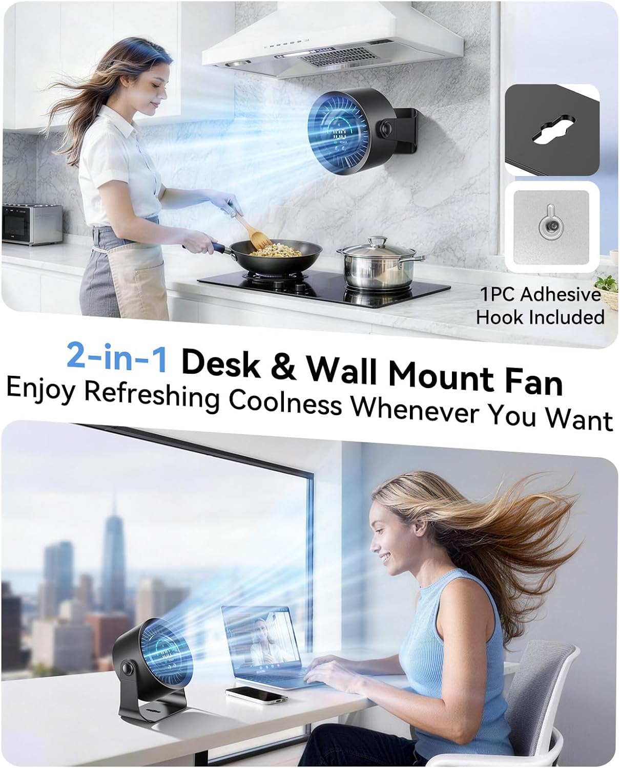 DIGIX Rechargeable USB Desk Fan for Bedroom, 100 Speeds, 360° Rotation, Wall Mounted Design Small Portable Table Fan with LED Display, Quiet Personal Desktop Cooling Fans for Home Office (Black) - Image 2
