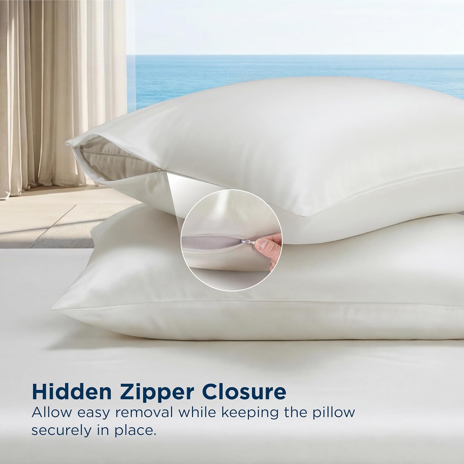 Bedsure Cooling Pillowcase for Hot Sleepers, Silk Like Pillow Case Queen Size Set of 2, Reduce Wrinkles & Frizz-Free Hair, Infused with HA & Ceramides for Skin, Hidden Zipper, Queen, White - Image 6