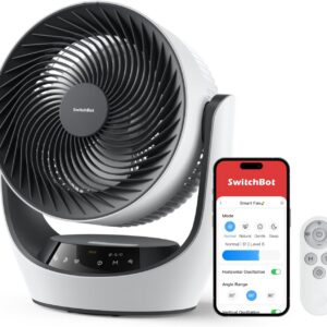 SwitchBot Smart Desk Fan for Bedroom, 3600mAh Rechargeable, Corded & Cordless Air Circulator, 90° Oscillation, 22dB Quiet, 9 Speeds, App & Remote Control, Works with Alexa, Google Home, Apple Home