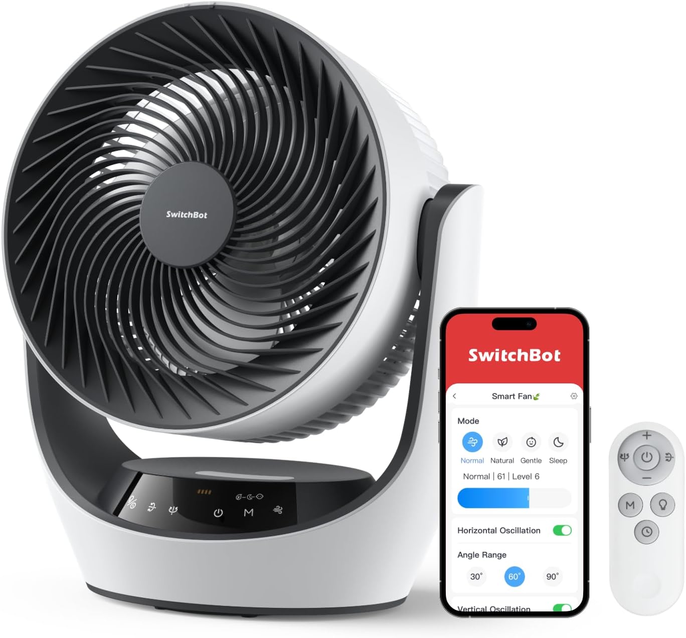 SwitchBot Smart Desk Fan for Bedroom, 3600mAh Rechargeable, Corded & Cordless Air Circulator, 90° Oscillation, 22dB Quiet, 9 Speeds, App & Remote Control, Works with Alexa, Google Home, Apple Home