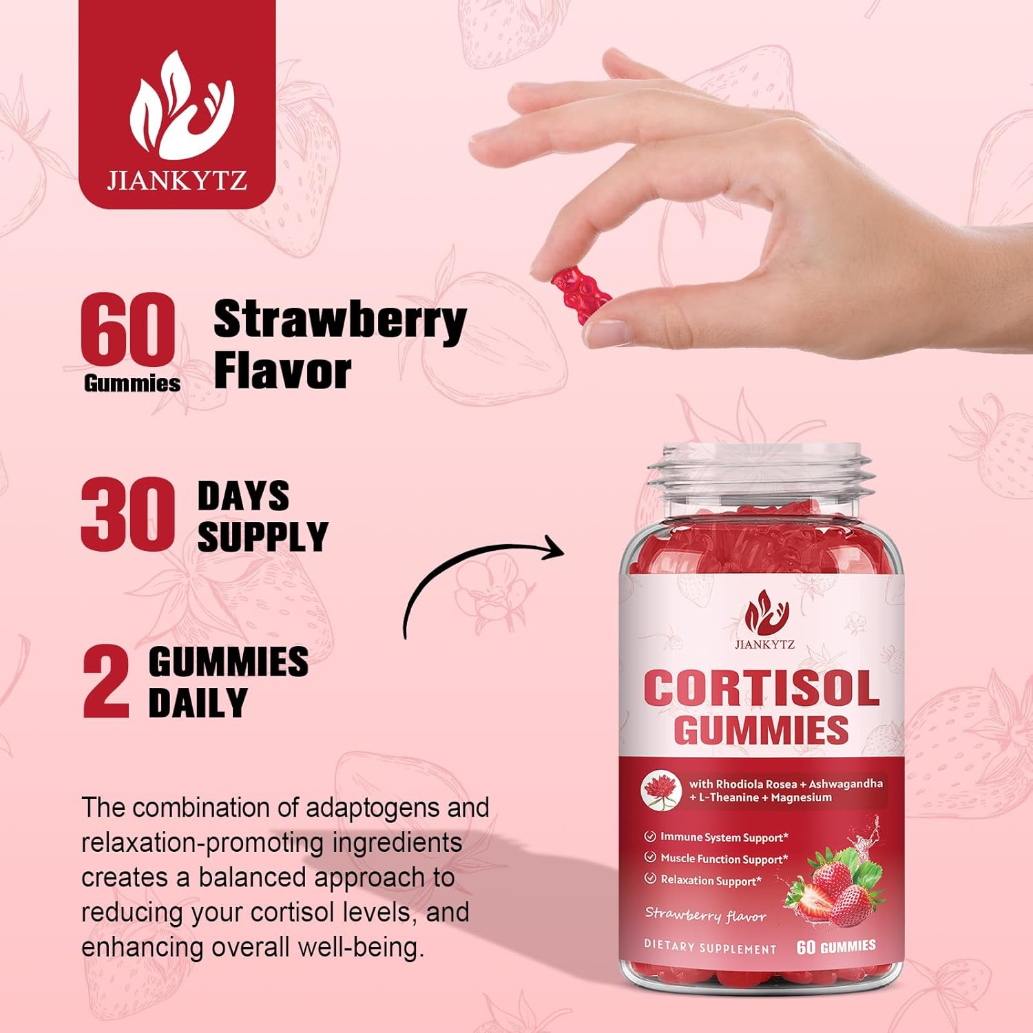 Cortisol Gummies for Women with Ashwagandha, Rhodiola Rosea, L-Theanine, Magnesium, Vitamin D3 for Zzz Support, Balanced Cortisol, Vegan, 60 Gummies - Image 6