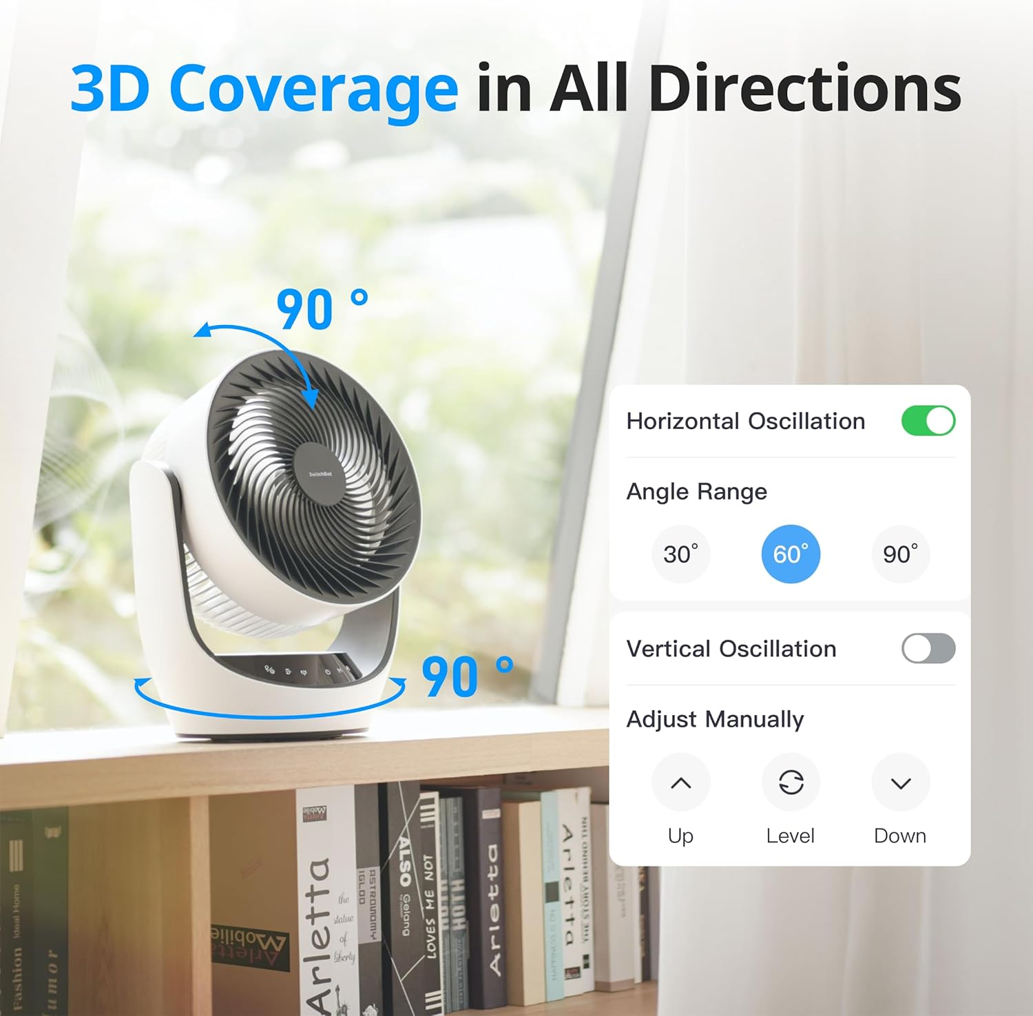 SwitchBot Smart Desk Fan for Bedroom, 3600mAh Rechargeable, Corded & Cordless Air Circulator, 90° Oscillation, 22dB Quiet, 9 Speeds, App & Remote Control, Works with Alexa, Google Home, Apple Home - Image 7