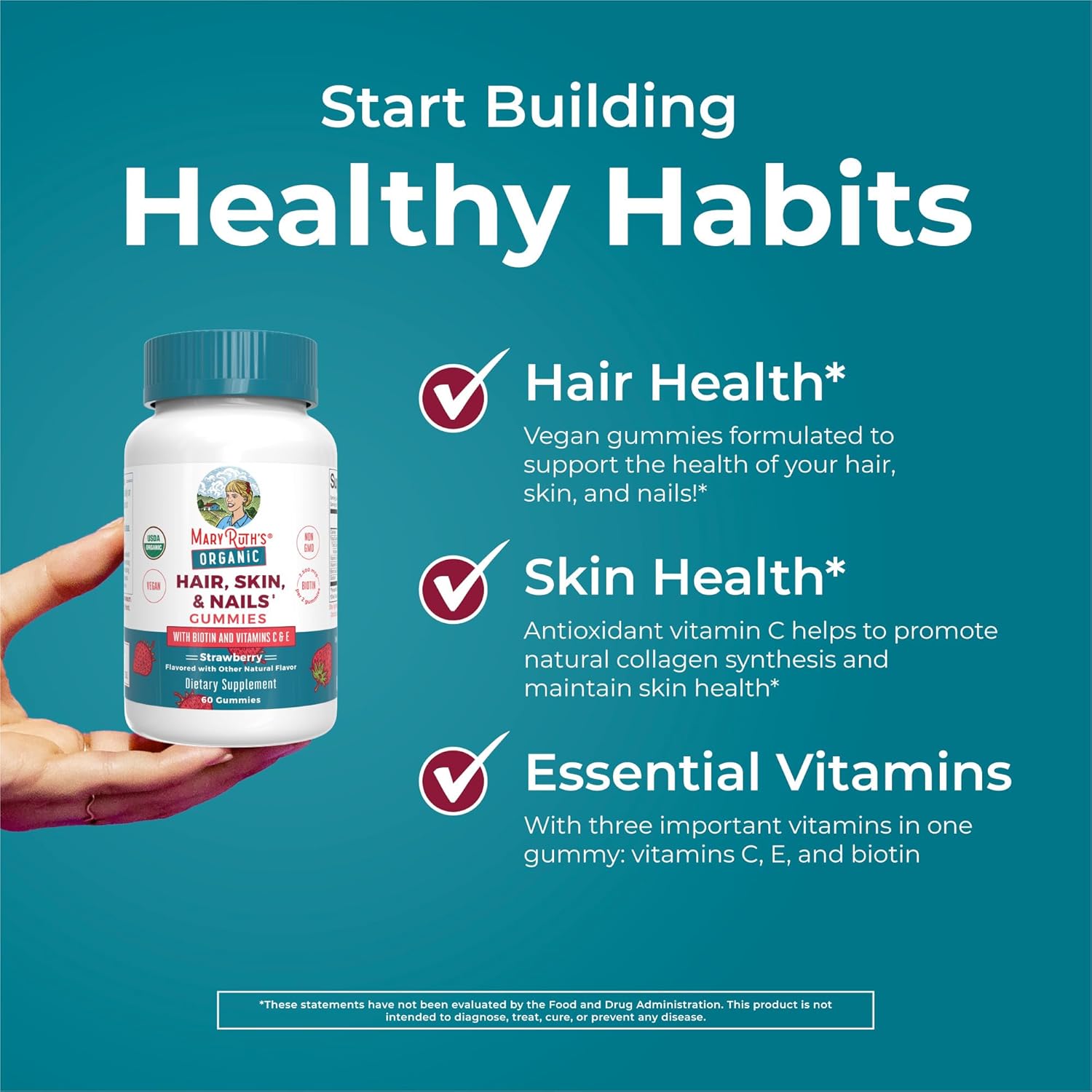 MaryRuth's Hair Skin and Nail Vitamins | USDA Organic | 2500 mcg Biotin Gummies with Vitamin C & Vitamin E | Hair Growth Vitamins | Skin Care | Nail Growth | Ages 14+ | 60 Count - Image 5