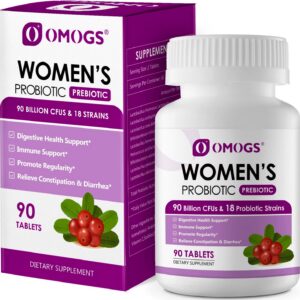 OMOGS Women's Probiotic, with Cranberry Extract, Organic Prebiotics & Vitamin C, 90 Billion CFUs,18 Strains, Help for Boost Immune, Digestive, Gut Health & Women's Health, Gluten & Soy Free,90 Tablets