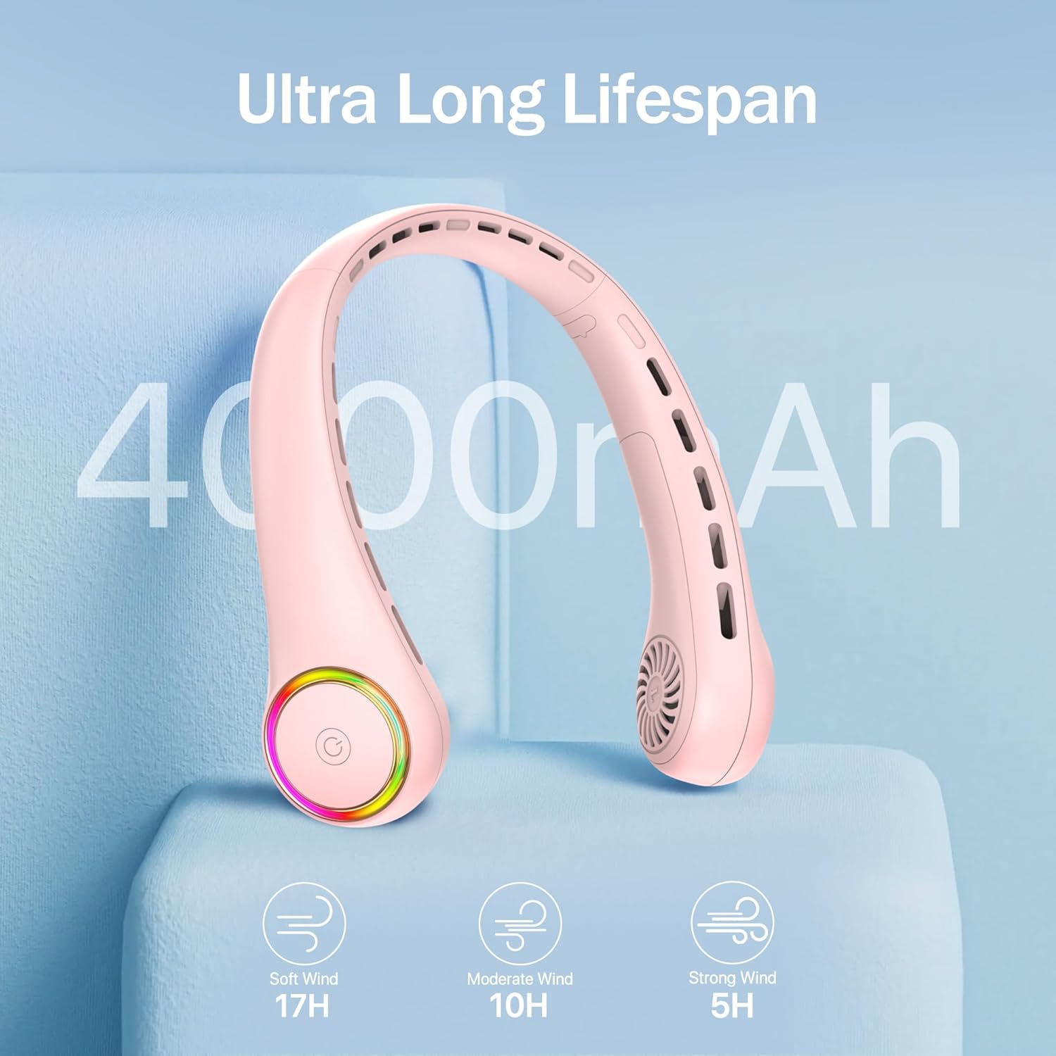 GULAKI Portable Neck Fan, Personal Fan with 4000mAh Battery, Rechargeable Neck Fan with 3 Speeds and 64 Cool Lights, Birthday Gifts for Men Women Mom Dad, Hands Free Cooling fan for Summer(Pink) - Image 3