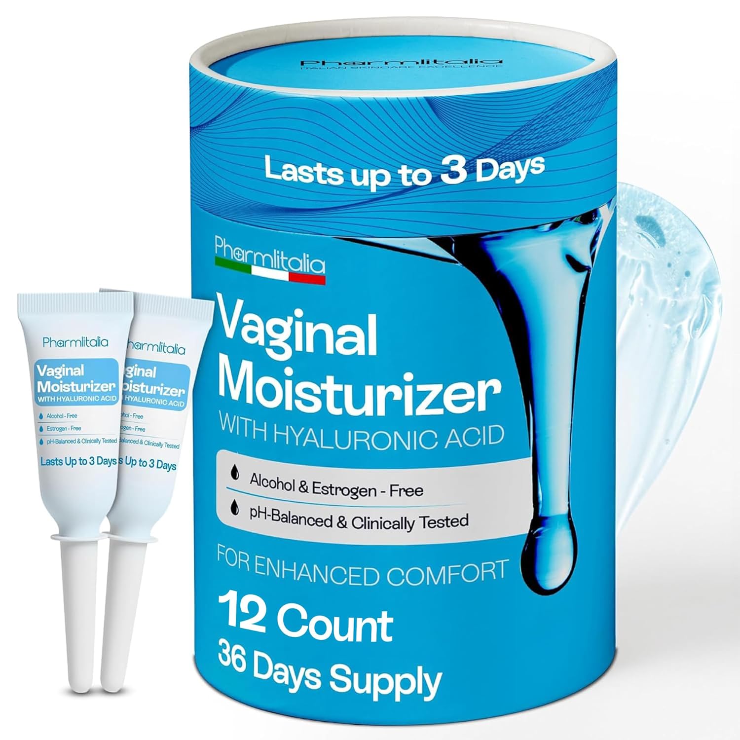 Pharmlitalia Vaginal Moisturizer Gel for Vagina Health, Moisturizer Applicators for Vaginal Dryness Relief and Long Lasting Wetness - Pre and Post Menopausal - 12 Pre Filled Applicators