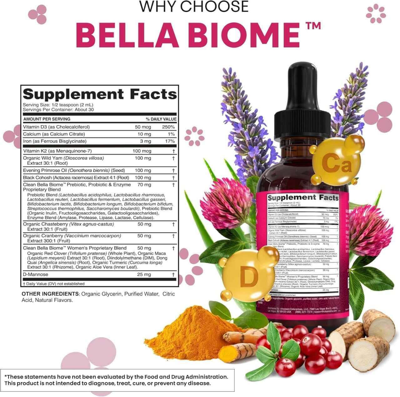Liquid Probiotics for Women Drops with Chasteberry, Black Cohosh, Prebiotics, Digestive Enzymes, Evening Primrose Oil, Wild Yam, Cranberry Dmannose and Iron Vitamin D3 K2 Clean Nutra Bella Biotics - Image 4