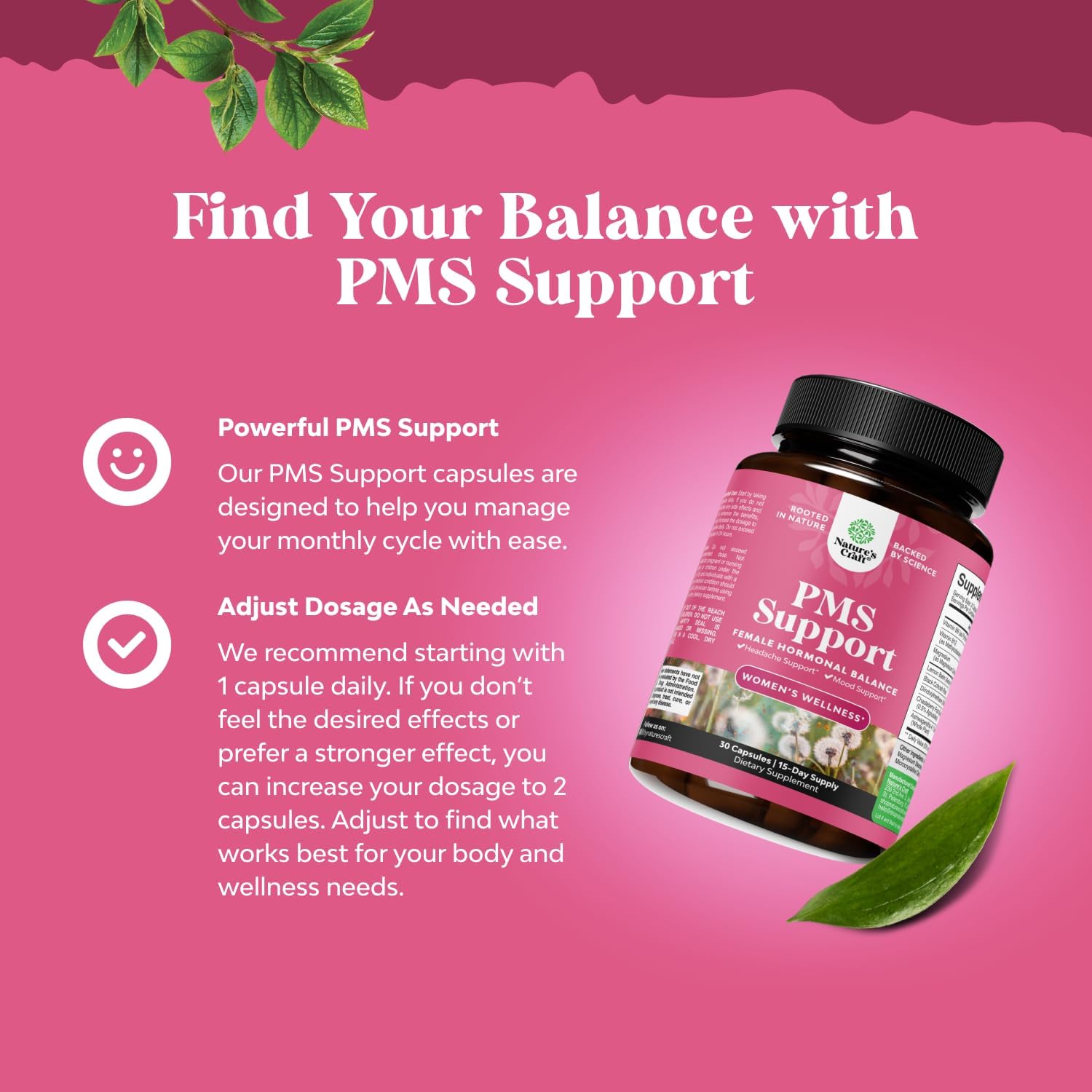 PMS Support Supplement for Women – Hormone Balance for Women & Menstrual Ease with DIM, Chasteberry, Black Cohosh & Ashwagandha - for Period Cramps Ease, Menopause Bloating, Mood Swing – 30 Ct - Image 5
