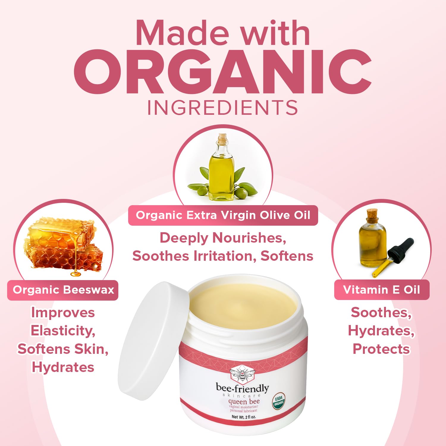 BeeFriendly Organic Vaginal Moisturizer, USDA Certified, Natural Vulva Cream For Dryness, Itching, Irritation, Redness, Chafing Of Vagina Due To Menopause & Thinning 2 oz - Image 4