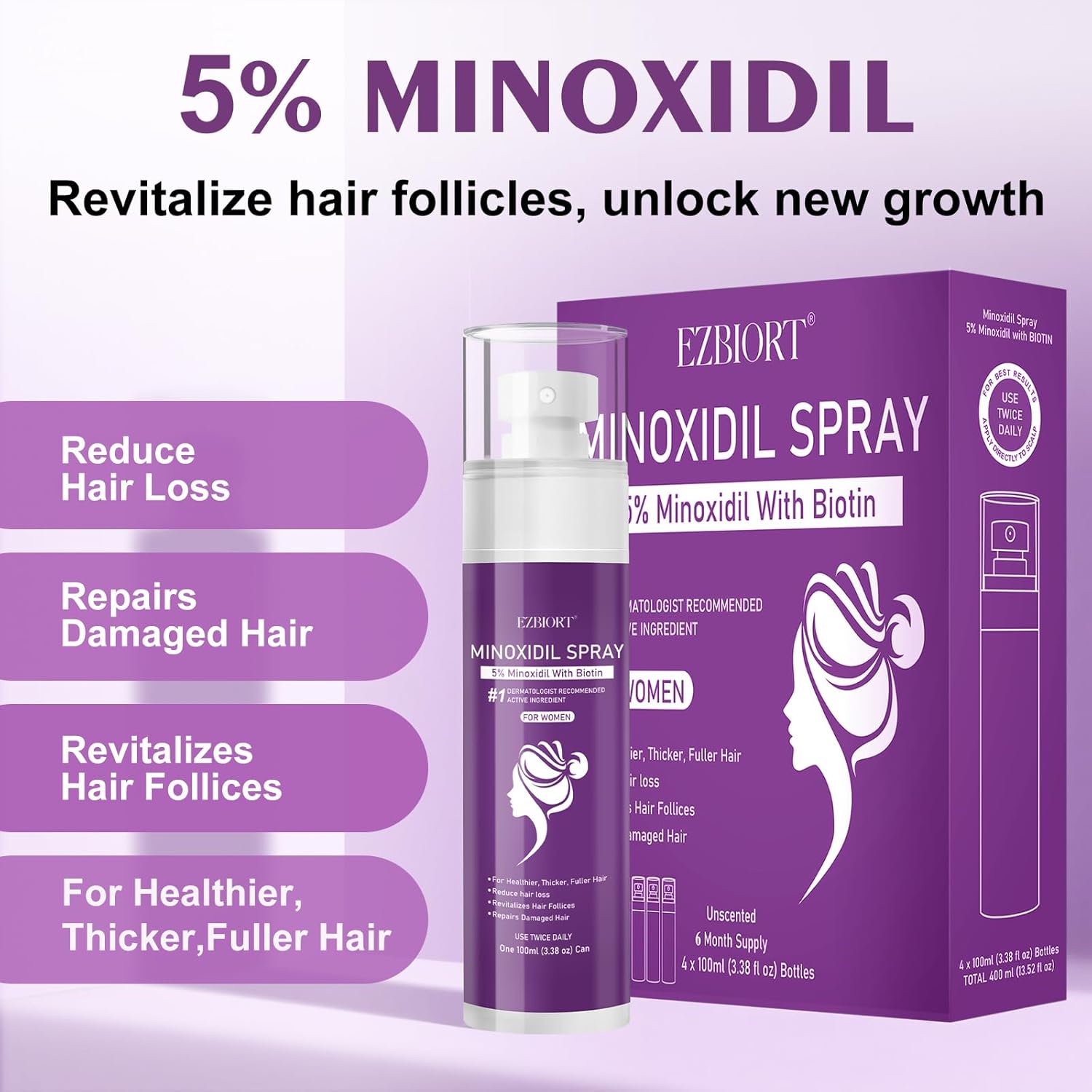 5% Minoxidil Spray for Women-Free minoxidil applicator included,monoxide for men hair Infused with Biotin, hers hair regrowth treatment, Supports Thicker and Fuller Hair & Beard (13oz, 7 Month Supply) - Image 7
