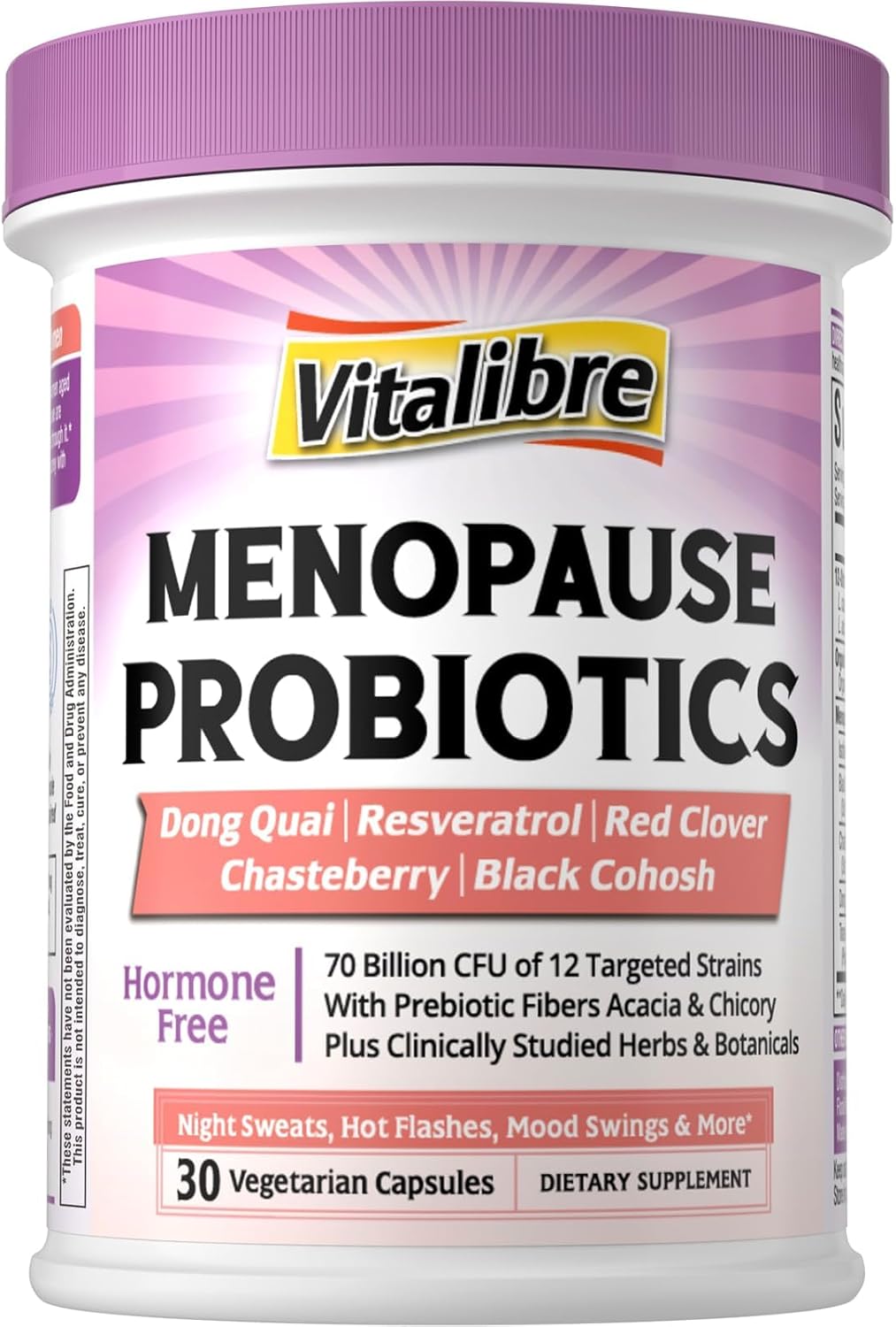 Vitalibre Menopause Probiotics – 70 Billion CFU with Prebiotics & Herbal Support for Hormone Balance & Gut Health (30 Capsules)