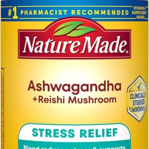 Nature Made Ashwagandha KSM 66 + Reishi Mushroom Capsules, Stress Relief Blend Ashwagandha and Mushroom Supplement, 60 Capsules, 30 Day Supply
