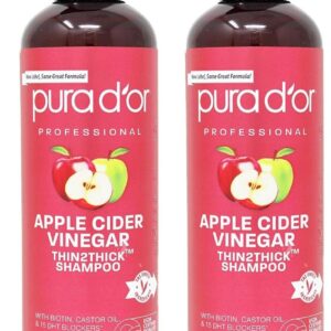 PURA D'OR Apple Cider Vinegar Thin2Thick Shampoo (8oz) Biotin, Castor Oil for Reduced Frizz, Split Ends, Clarifying & Detox, No Parabens, No Sulfates, All Hair Types, Men & Women (Pack of 2)