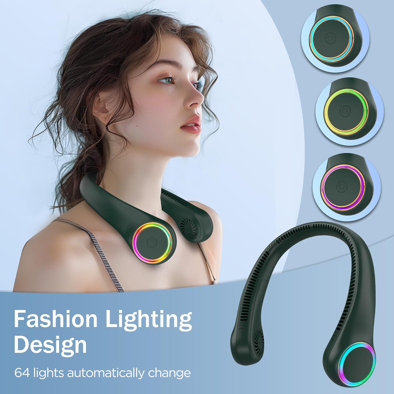 GULAKI Bladeless Portable Neck Fan - Rechargeable Hands Free USB Personal Fan Battery Operated with LED lights for Home Office Travel Indoor Outdoor (Dark Green) - Image 3