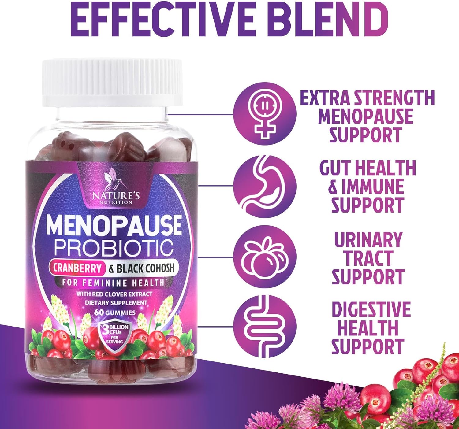 Menopause Supplement Gummies - Complete Women's Probiotics Gummy Supplements - Advanced Menopause Relief for Women with Black Cohosh & Cranberry - Mild Hot Flashes & Night Sweats Support - 60 Gummies - Image 6