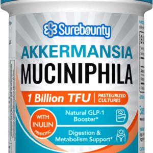 Akkermansia Probiotic GLP-1, 1 Billion TFU, Akkermansia Muciniphila with Prebiotic Inulin, for Men & Women, Vegan, Non-GMO, 30 Caps