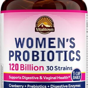Vitalitown Probiotics for Women 120 Billion CFUs, 30 Strains, with Prebiotics & Digestive Enzymes & Cranberry, Gut & Vaginal Health, Vegan 30 (Pack of 1) Delayed Release Caps