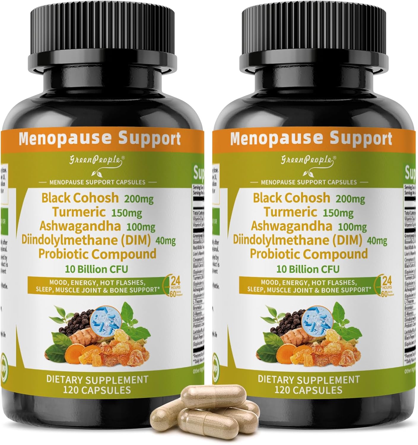 GREENPEOPLE Menopause Supplements for Women - Black Cohosh & Ashwagandha for Hot Flashes, Night Sweats, Mood Swings, Hormonal Balance Support,10 Billion CFU Probiotic - 120(2 Packs) Capsules Vegan
