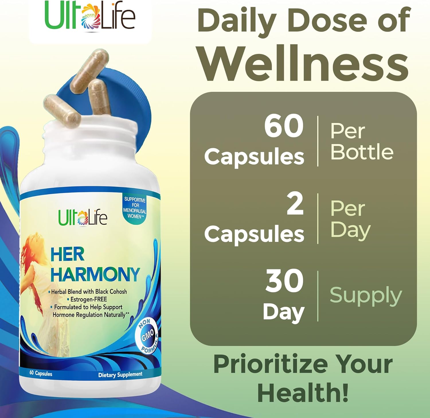 UltaLife Her Harmony Menopause Supplements for Women - Hot Flashes Menopause Relief & Hormone Balance for Women - Contains Black Cohosh, Dong Quai, Red Clover & More - Estrogen Free - 60 Capsules - Image 4