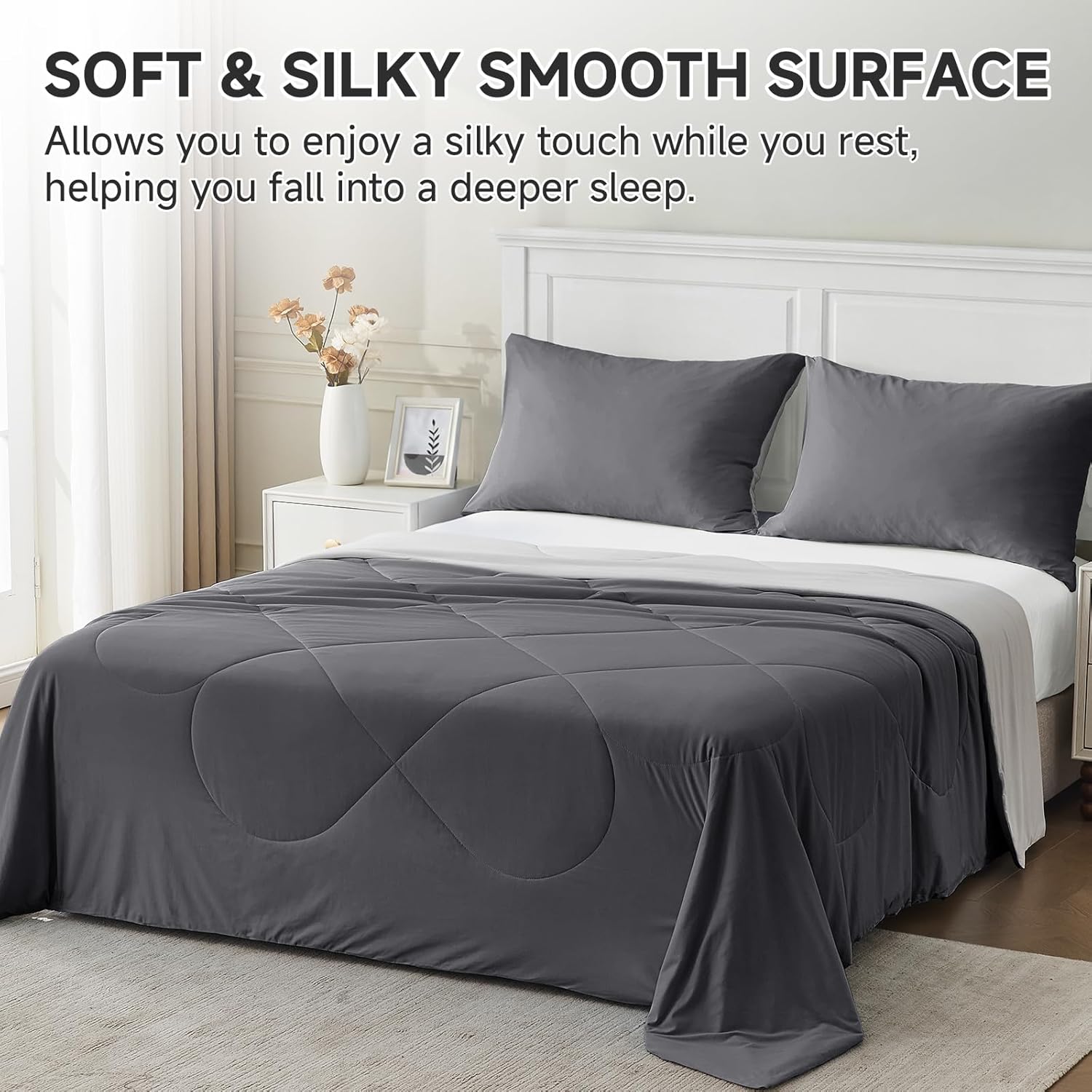 HOMFINE Cooling Comforter Japanese Double-Sided Cold Tech Fabric Cooling Blanket for Night Sweats Hot Sleepers, Q-Max 0.45 Soft Breathable Silky Smooth Lightweight Grey Summer Comforter Queen - Image 4