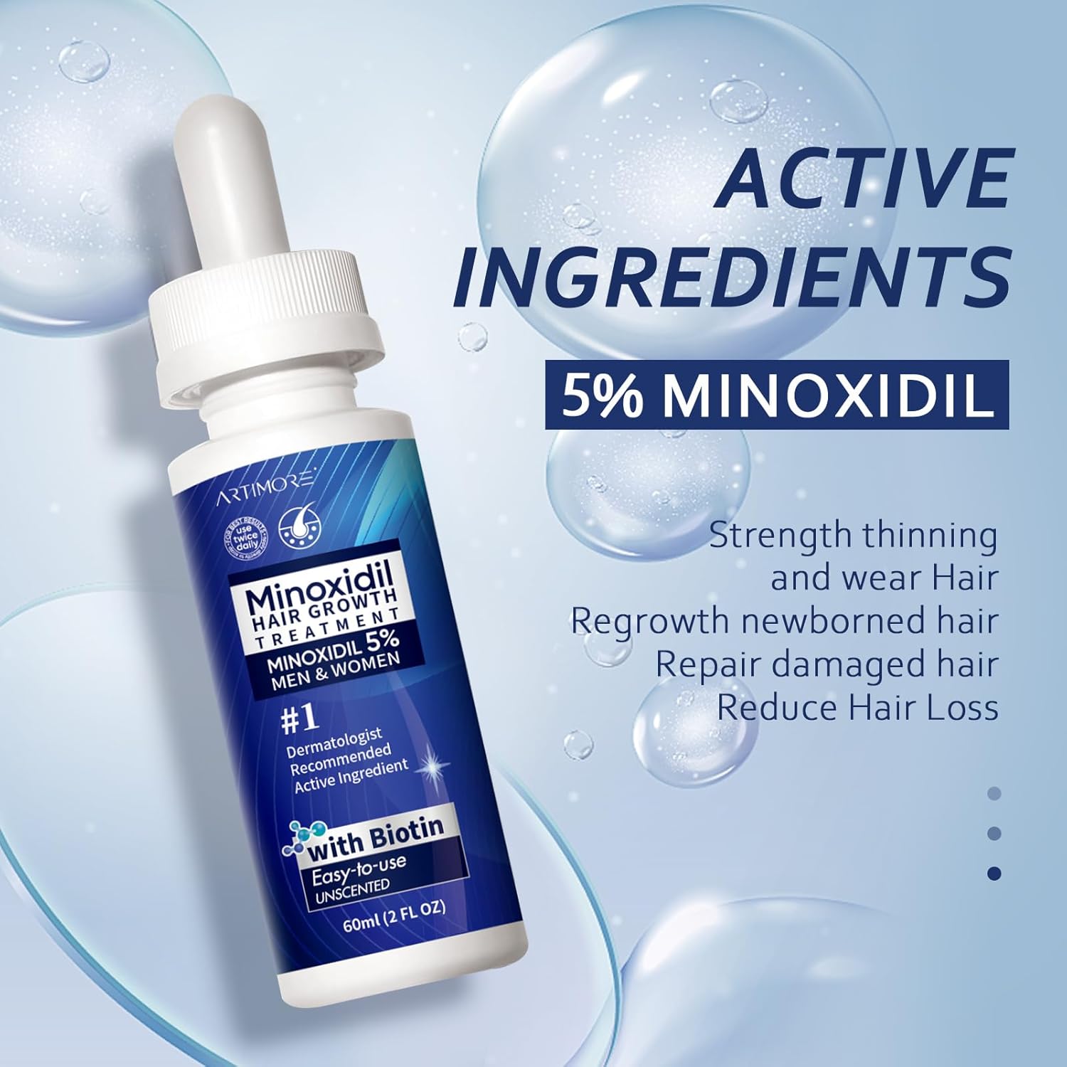 5% Minoxidil Hair Growth Serum for Men & Women with Biotin: Minoxidil for Men and Women, 5 Percent, Hair Regrowth Treatment, Extra Strength (4 FL OZ, Dropper 2pcs) - Image 3